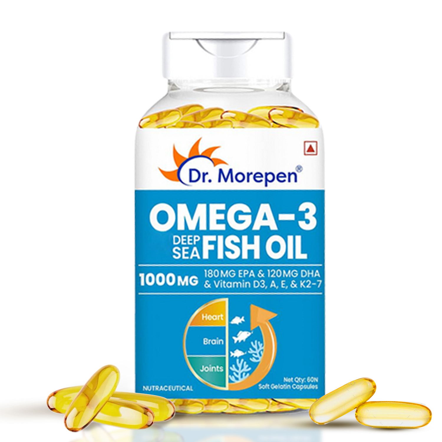 Omega 3 Deep Sea Fish oil for Heart, Brain Joints, 1000 mg Omega with 300 mg DHA with Vitamin A, D3, E K27 | 60 Softgel