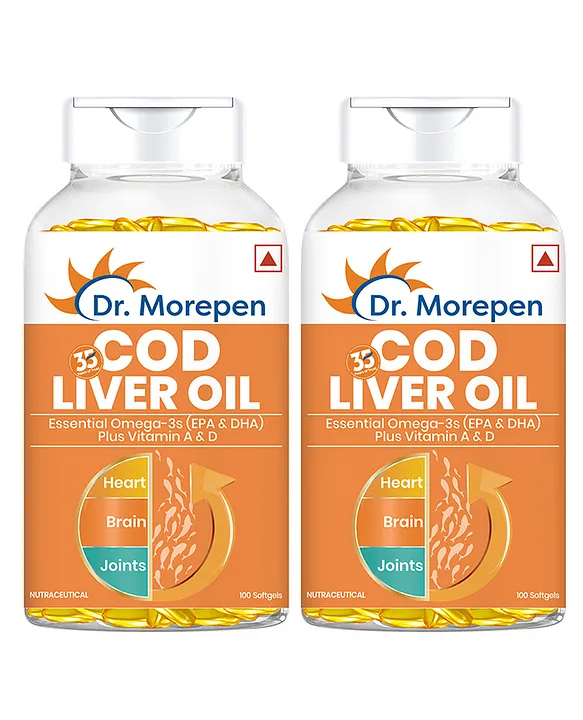 COD Liver Oil Capsules with Natural Omega 3, Vitamin A D for Healthy Heart, Brain, Eyes Joints - 100 Softgels Pack of 2