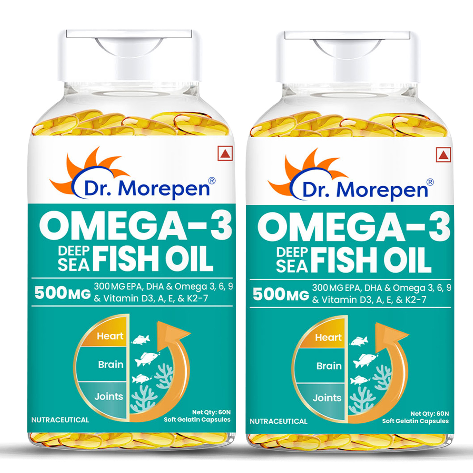 Omega 3 Deep Sea Fish Oil for Healthy Heart, Brain Joints, 500mg with 300mg DHA EPA - 60 Softgels Pack of 2