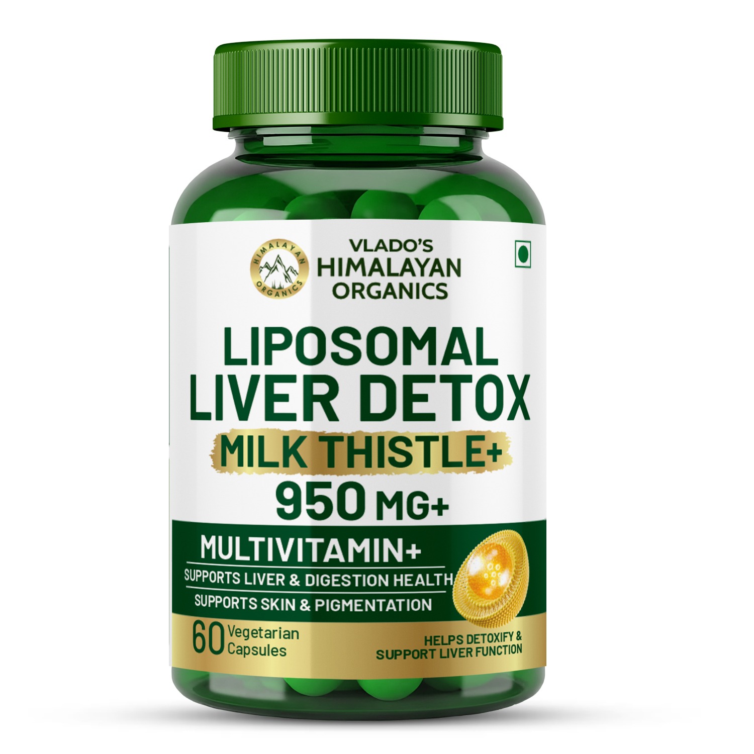 Vlados Himalayan Organics Liposomal Liver Detox with Milk Thistle 950mg | Curcumin, Ginger Dandelion Extract | With Multivitamins Amino Acids | 60 Veg Capsules