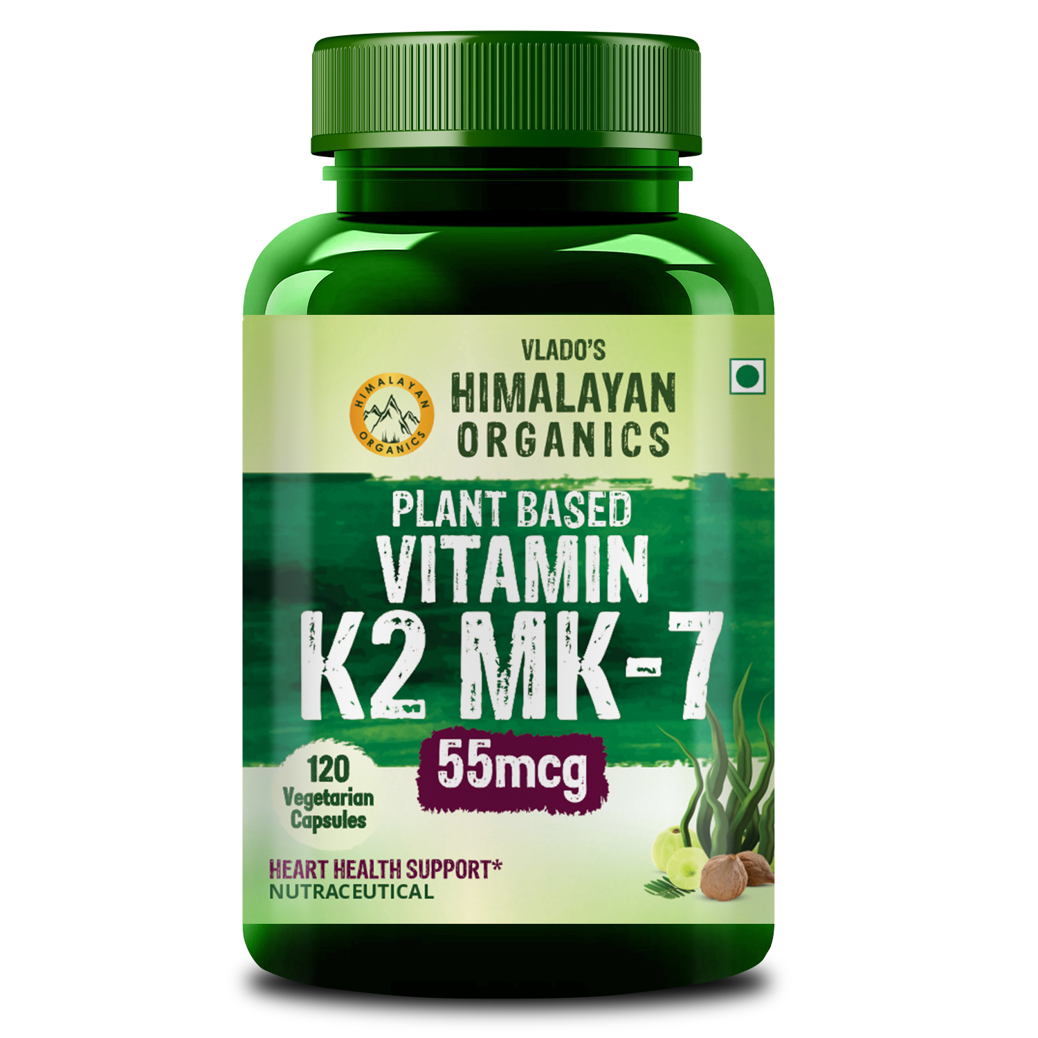 Vlado's Himalayan Organics Plant-Based Vitamin K2 MK- 7 Supplement Supports Stronger Bone Heart Health I 55 MCG / Serving - k2 supplements for Men Women - 120 Veg Capsules