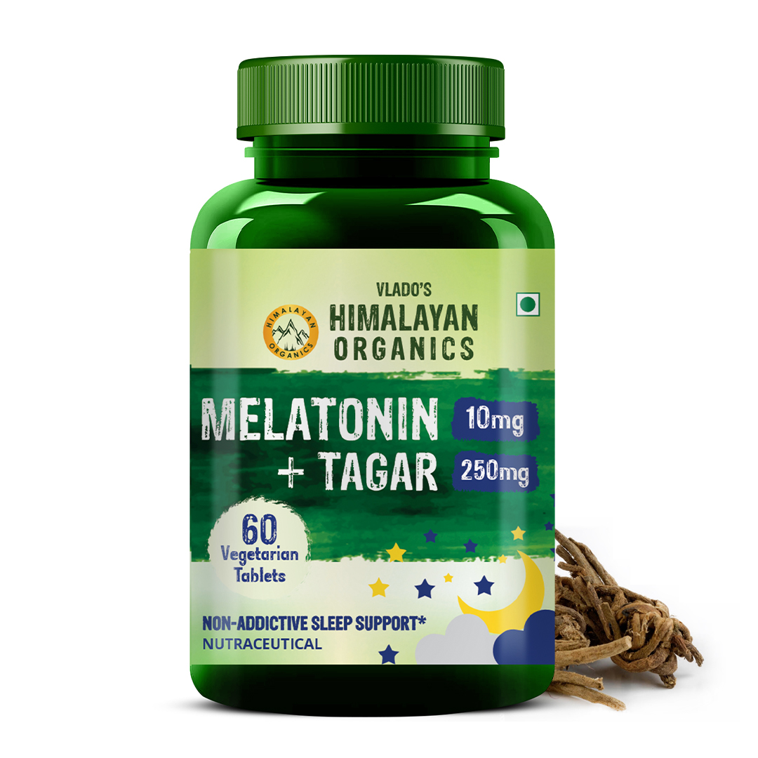 Melatonin 10Mg + Tagar 250Mg Supplement With Vitamin B6 And Calcium | Non-Habit Forming, Restful Sleep, Improved Focus, Relaxed Mind | Good For Eye Health - 60 Veg Tablets