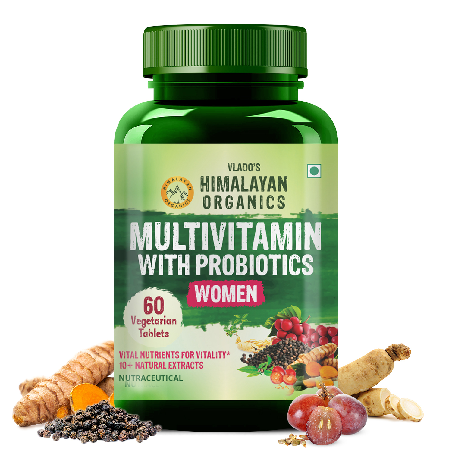 Vlados Himalayan Organics Multivitamin With Probiotics Supplement For Women With 60+ Essential Ingredients | Multiminerals For Immunity and Energy, Hair, Skin Bone Support - 60 Veg Tablets