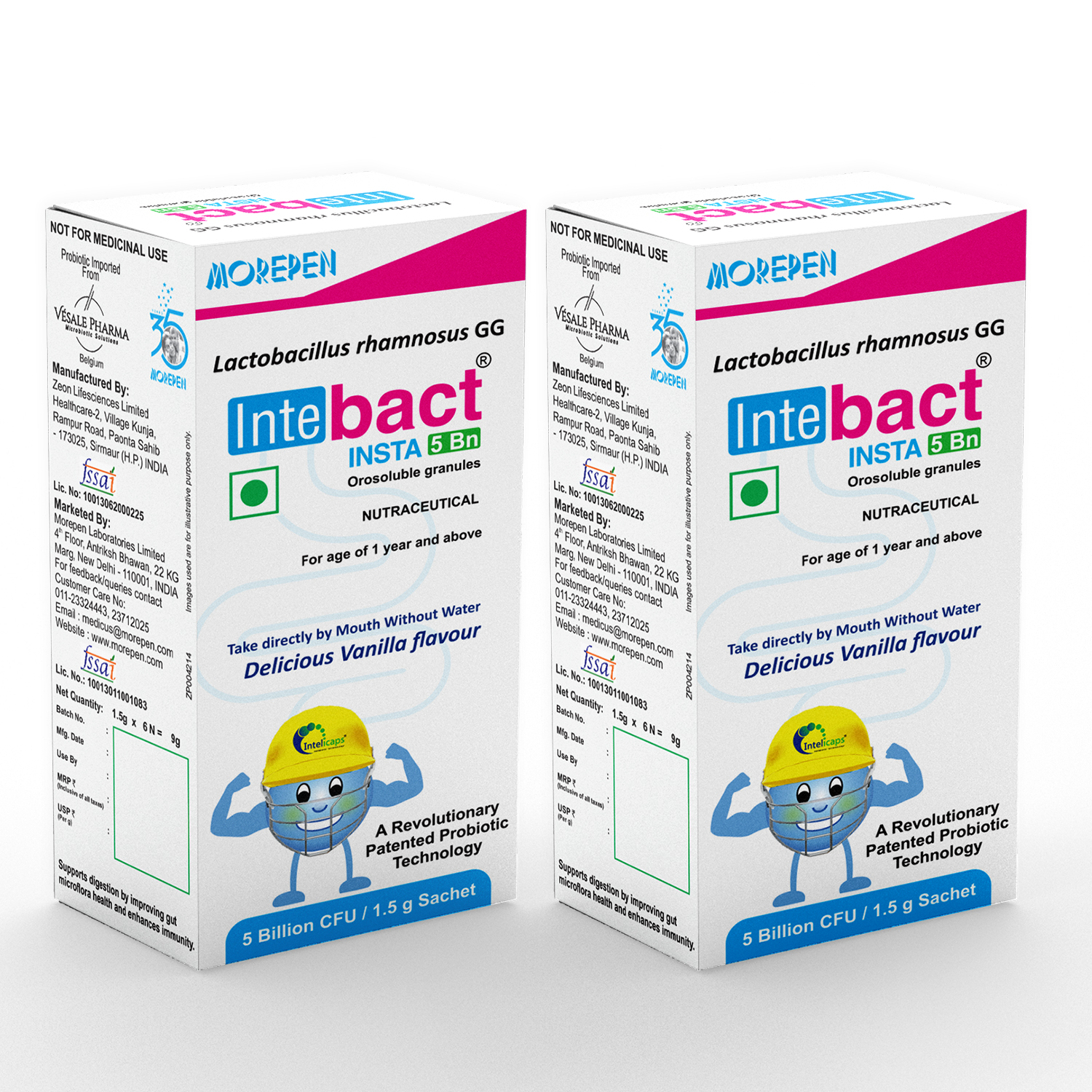 INTEBACT INSTA 5BN CFU | Probiotics Supplement for Gut Health, Vanilla flavour - 6 Sachets Pack of 2