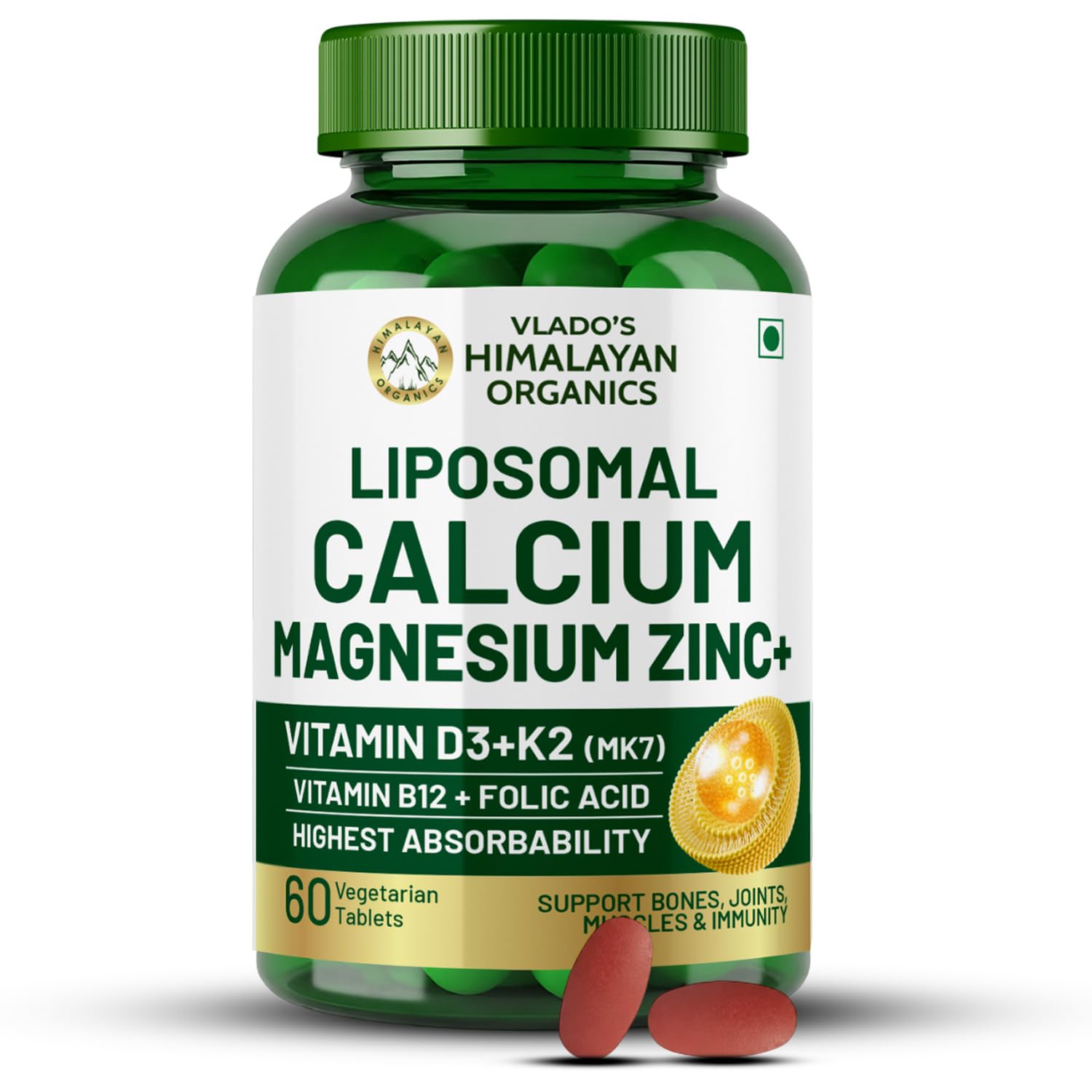 Vlados Himalayan Organics Liposomal Calcium Magnesium + Zinc | Vitamin D3+k2 Supplement For Stronger Bones | Boost Immunity | Healthy Heart | Muscle Growth - 60 Veg Tablets