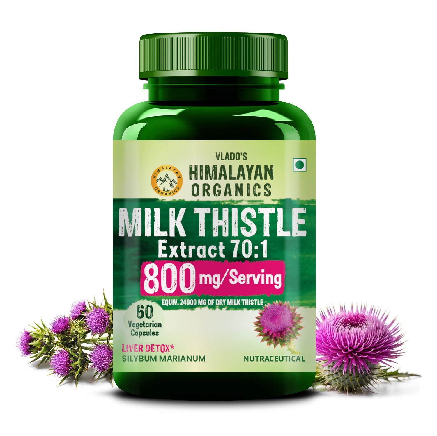 Vlado's Himalayan Organics Milk Thistle Extract Detox Supplement For Men And Women With 800Mg Of Silybum Marianum For Healthy Liver | Helps in Cleanse Liver - 60 Vegetarian Capsules
