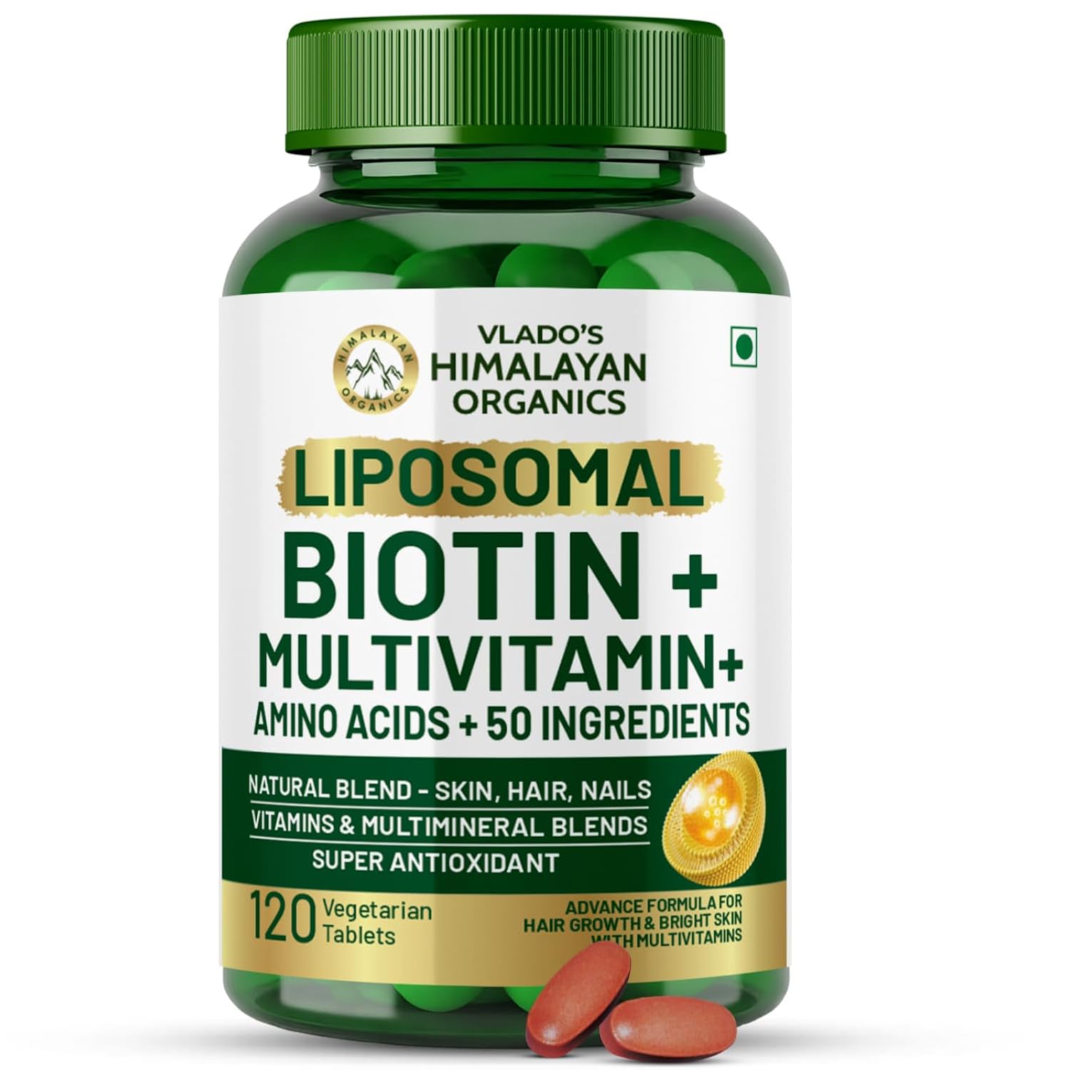 Vlados Himalayan Organic Liposomal Biotin 10000 MCG Supplement For Men And Women With Amino Acids+Multivitamin+Multimineral For Healthy Hair, Skin Nails -120 Vegetarian Tablets