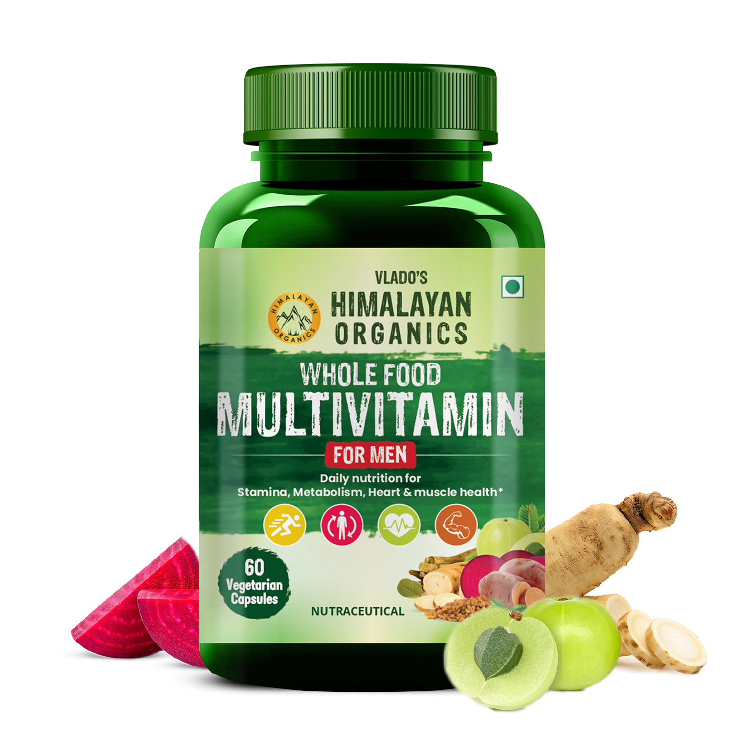 Whole Food Multivitamin for Men || With Natural Vitamins, Minerals, Extracts || Best for Energy, Brain, Heart Health Eye Health || 60 Veg Capsules