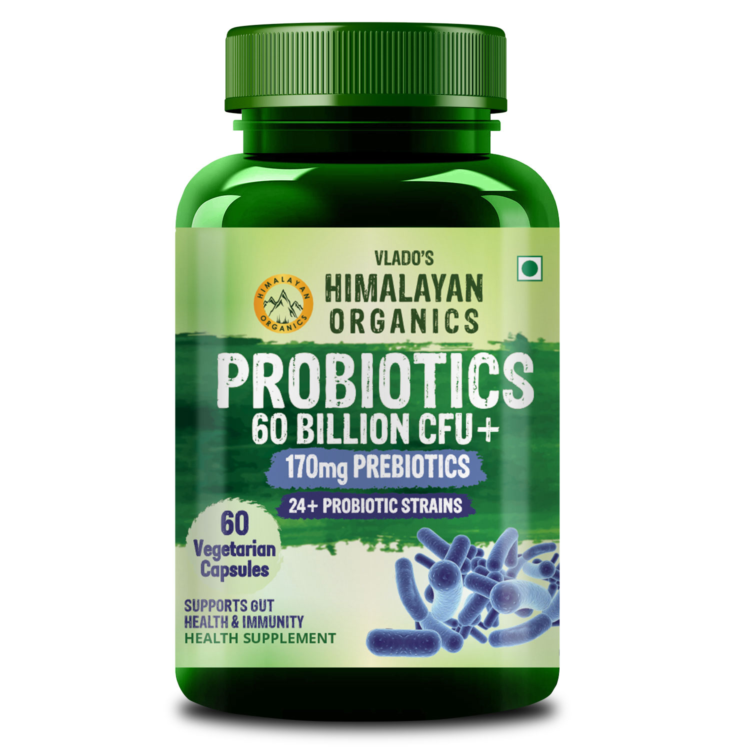 Vlados Himalayan Organic Probiotics 60 Billion CFU + 170Mg Prebiotics + 24 Strains Supplement | Better Nutrient Absorption | Healthy Digestion, Stronger Immunity Overall Wellness - 60 Veg Capsules