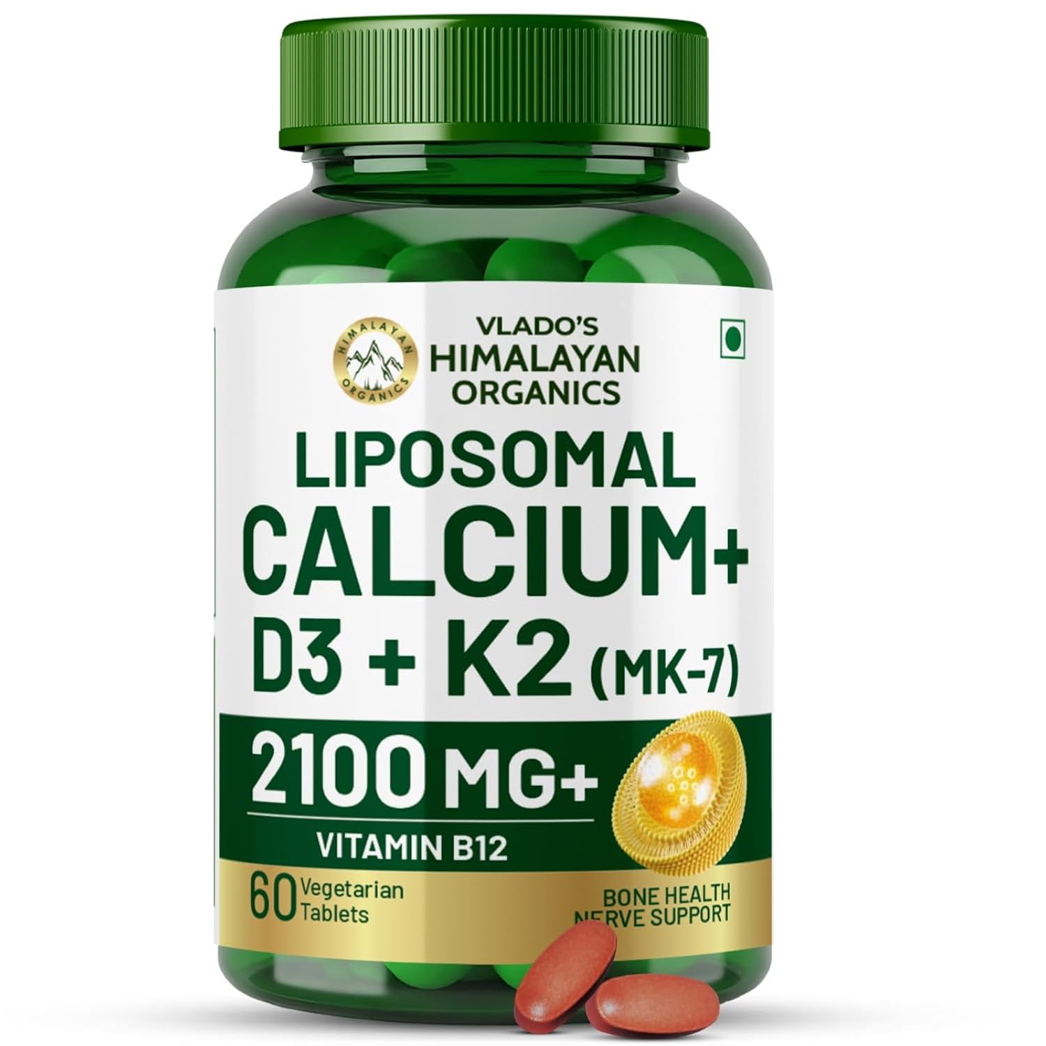 Vlados Himalayan Organics Liposomal Calcium 2100mg with Vitamin D3 + K2 (MK-7) Vitamin B12 | Better Absorption | Supports Healthy Bones, Heart, Joints Recovery | For Men Women | 60 Veg Tablets