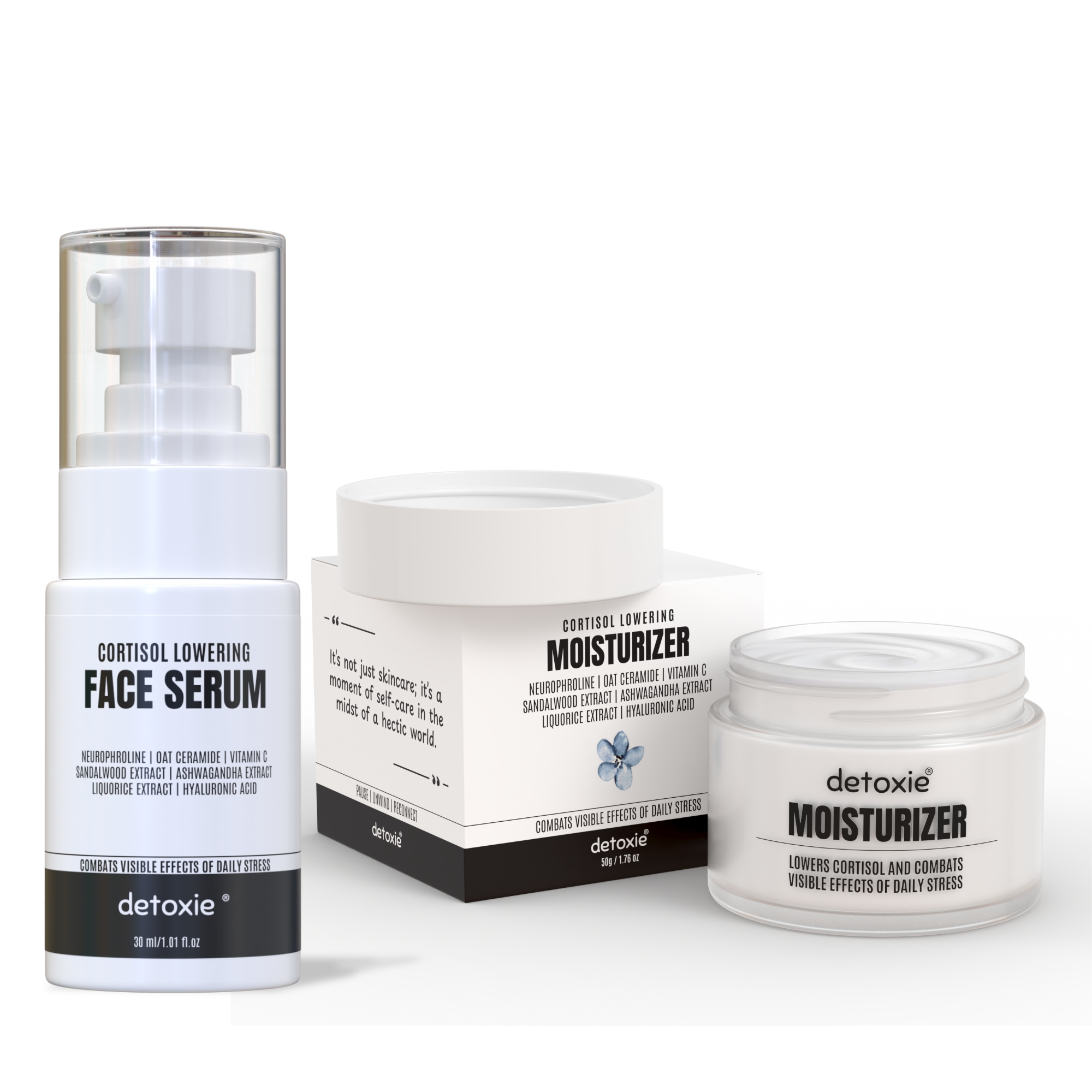 Detoxie | Cortisol Lowering AM PM Duo | Cortisol Lowering Face Serum 30ml + Moisturizer 50g Combo