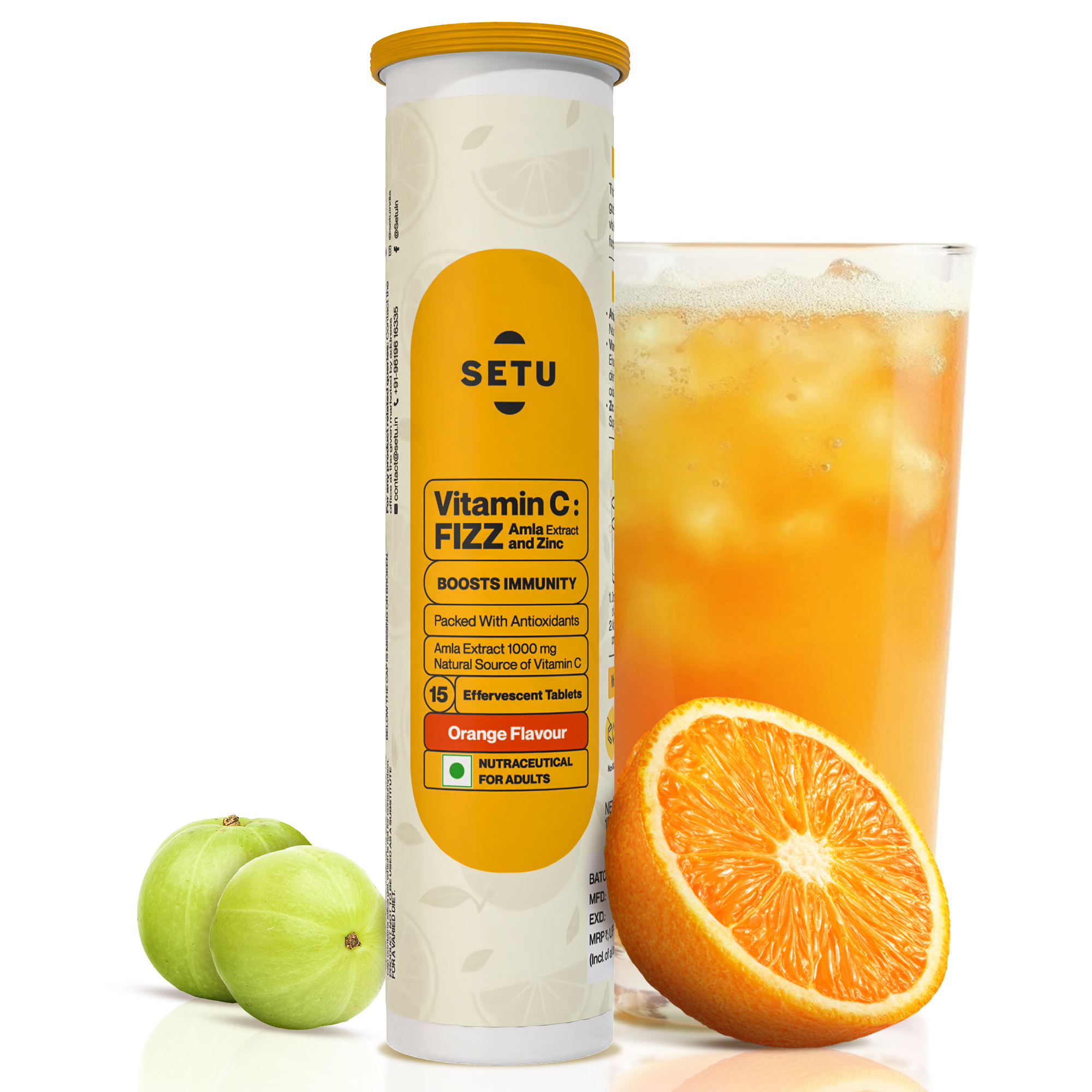 Setu Vitamin C: Fizz (15 Effervescent Tablets) | Supplements for Women Men | Antioxidant-Rich to Helps Boost Immunity in Adults With Vitamin C Complex, Amla Zinc (Orange)