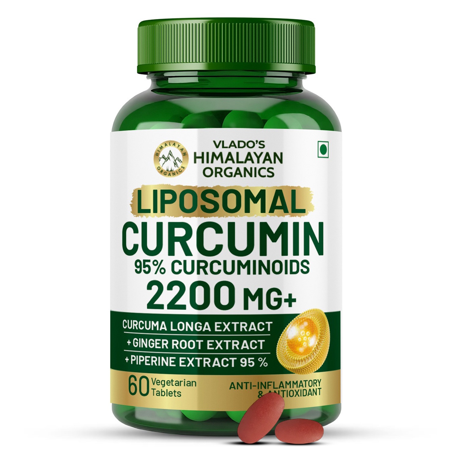 Vlado's Himalayan Organics Liposomal Curcumin Tablets (2200mg+ / Serving ) with Black Pepper ( Piperine Bioperine ), Supplement and 95 Curcuminoids | Anti inflammatory Supplement for Men Women | With Curcuma Longa, Turmeric Ginger Root extract | 60