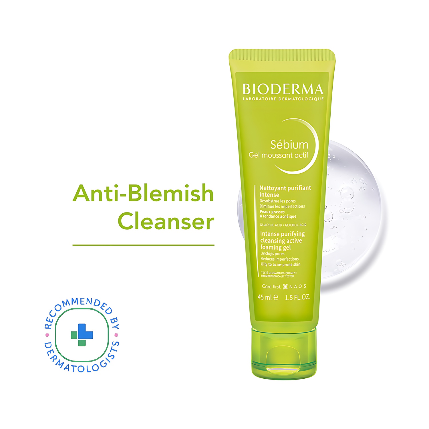 Sebium Gel Moussant Actif Cleanser with Salicylic GlycolicAcidforAcneProne,OilySkin 45ml
