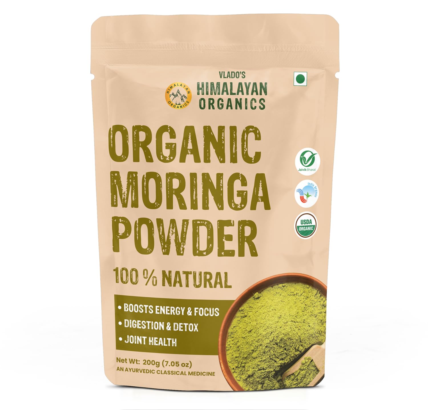 Vlado's Himalayan Organics 100 Organic Certified Moringa Powder - Natural Superfood with 120+ Nutrients, Antioxidants Vitamins - Drumstick Leaf powder | Herbal Supplement I for Immunity, Digestion Energy I 200gm