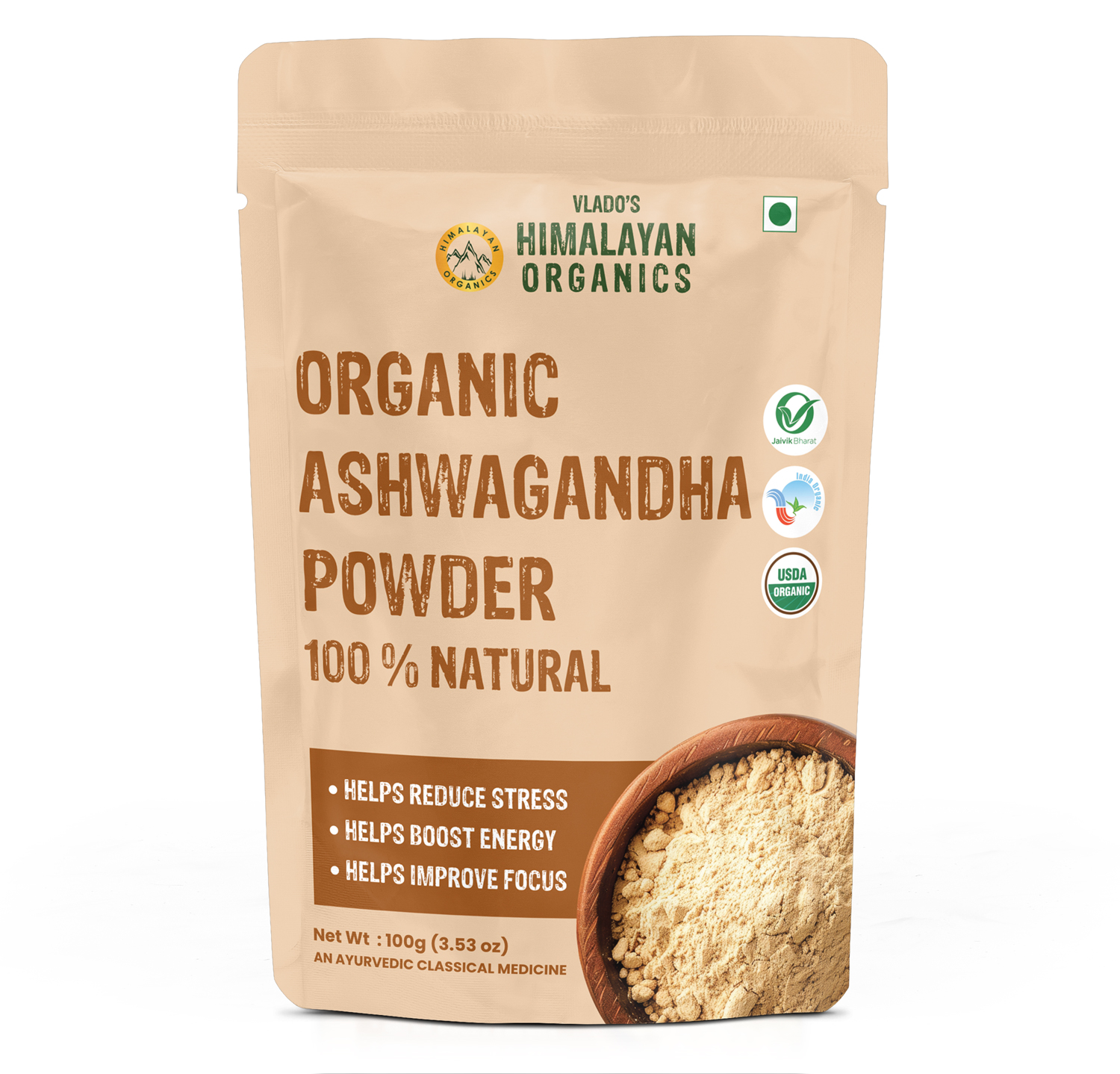 Vlado's Himalayan Organics 100 Organic Ashwagandha Powder 100gm - Withania Somnifera | Pure Ashwagandha Powder Organic -Support Muscle Recovery Boost Energy Level | USDA Certified Ashwagandha Supplements for Vitality, Strength Stress Management | 100