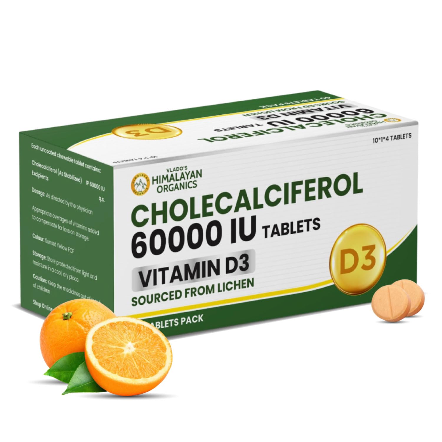 Vlado's Himalayan Organics Vitamin D3 60000 IU Tablets | Cholecalciferol I Vitamin D3 60k Supplement | Vitamin D 60000 iu Tablets | Cholecalciferol Supplement 60000iu for men women | Orange Flavour - 40 Tablets