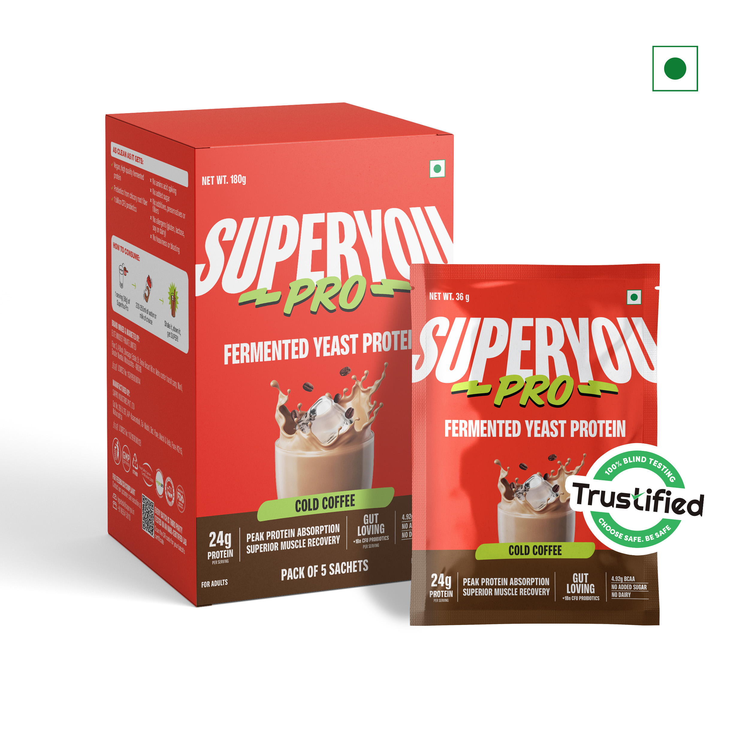 Superyou Pro Fermented Yeast Protein(Pack of 5) | 24g Protein| Coffee | Peak Absorption | Superior Muscle Recovery | Gut Friendly + 1Bn CFU Probiotics | PDCAAS of 1 - 180gm