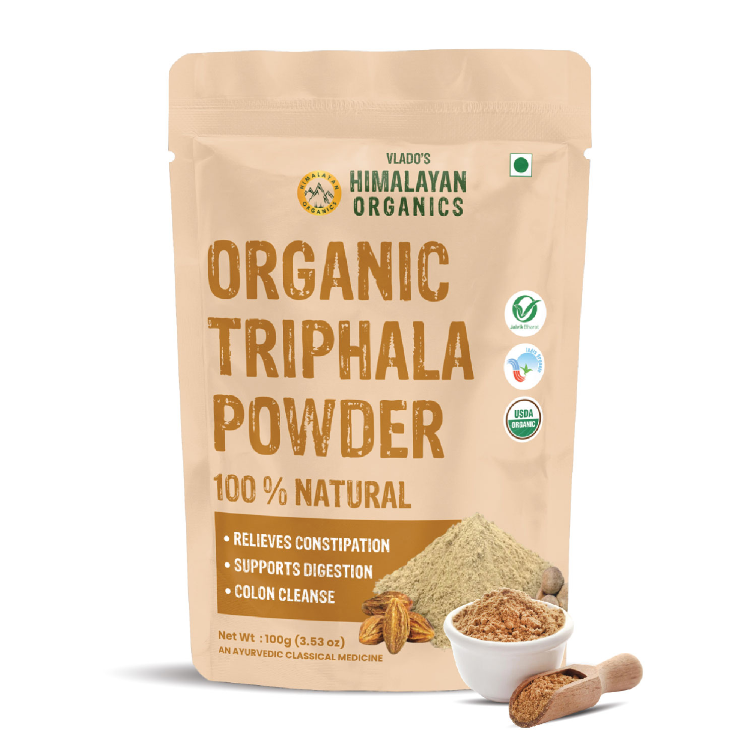 Vlado's Himalayan Organics Triphala Powder - 100 GM | Triphala Churna For Gut, Immune Intestinal Health | Colon Digestion, For Balanced Bowel Gut Health, GMP NPOP Certified Organic I Helps Relieve Constipation | Herbal Supplement 100gm