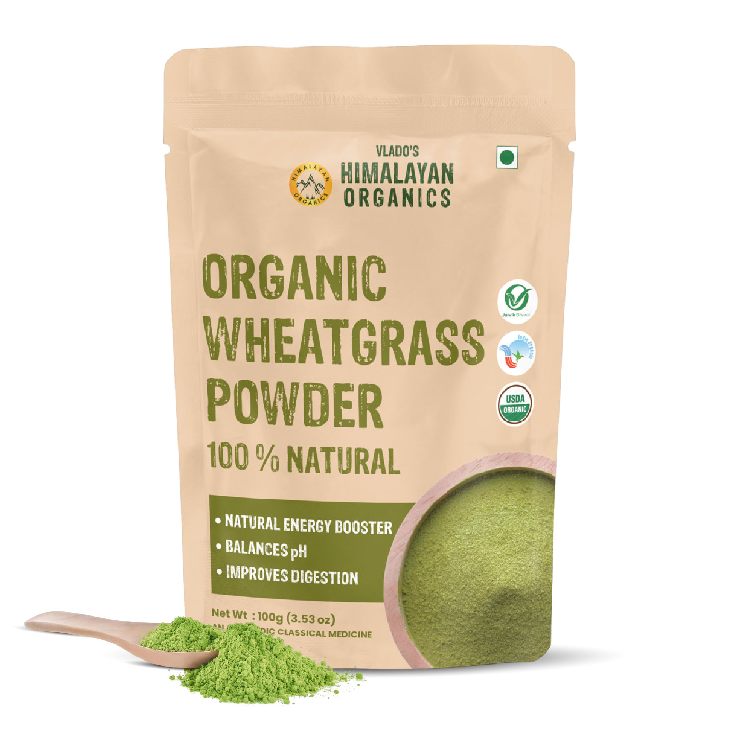 Vlado's Himalayan Organics 100 Natural Organic Wheatgrass Powder | USDA Certified| Organic Wheatgrass Juice | Ayurvedic Support For Natural Detox | Immunity Booster | Herbal Supplement - 100gm