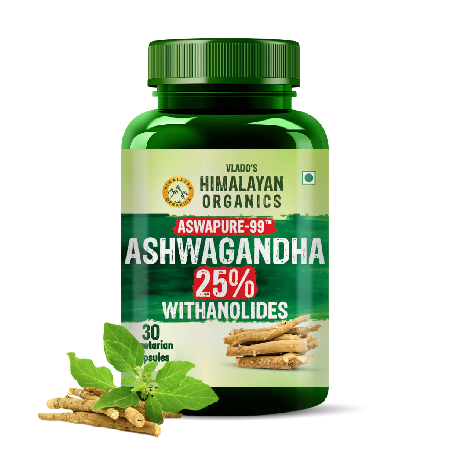 Vlado's Himalayan Organics Ashwagandha -25 Withanolides with Maximum High Potency - 600MG - Highly Concentrated Third-Party Lab Tested - Ayurvedic Supplement I 1st in India - 30 Capsules