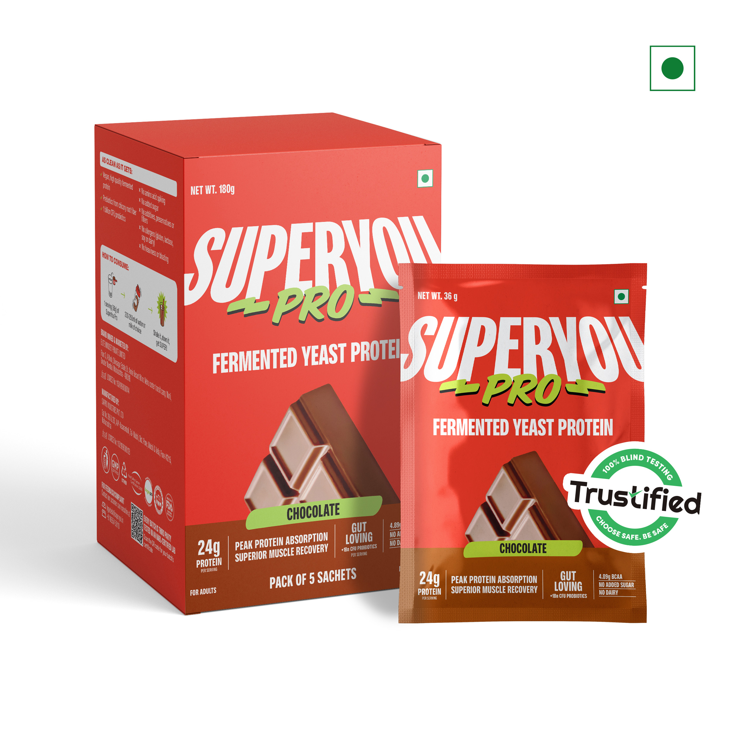 Superyou Pro Fermented Yeast Protein(Pack of 5) | 24g Protein| Chocolate | Peak Absorption | Superior Muscle Recovery | Gut Friendly + 1Bn CFU Probiotics | PDCAAS of 1 - 180gm