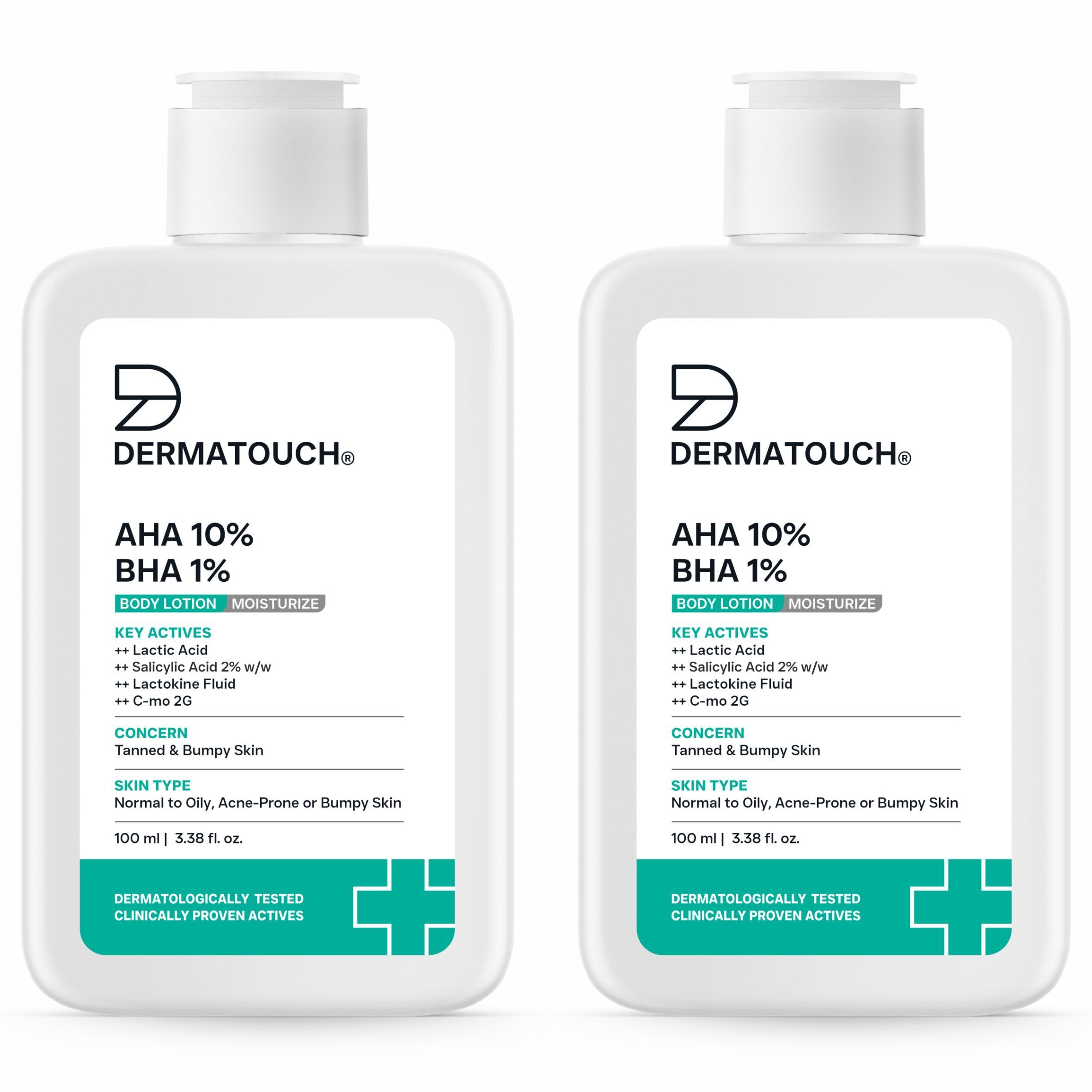 DERMATOUCH AHA 10 BHA 1 Body Lotion for Men Women - Body lotion for dry skin De-tans, Moisturizing Bumpy Skin / Suitable for All Skin Types 100ml Pack of 2