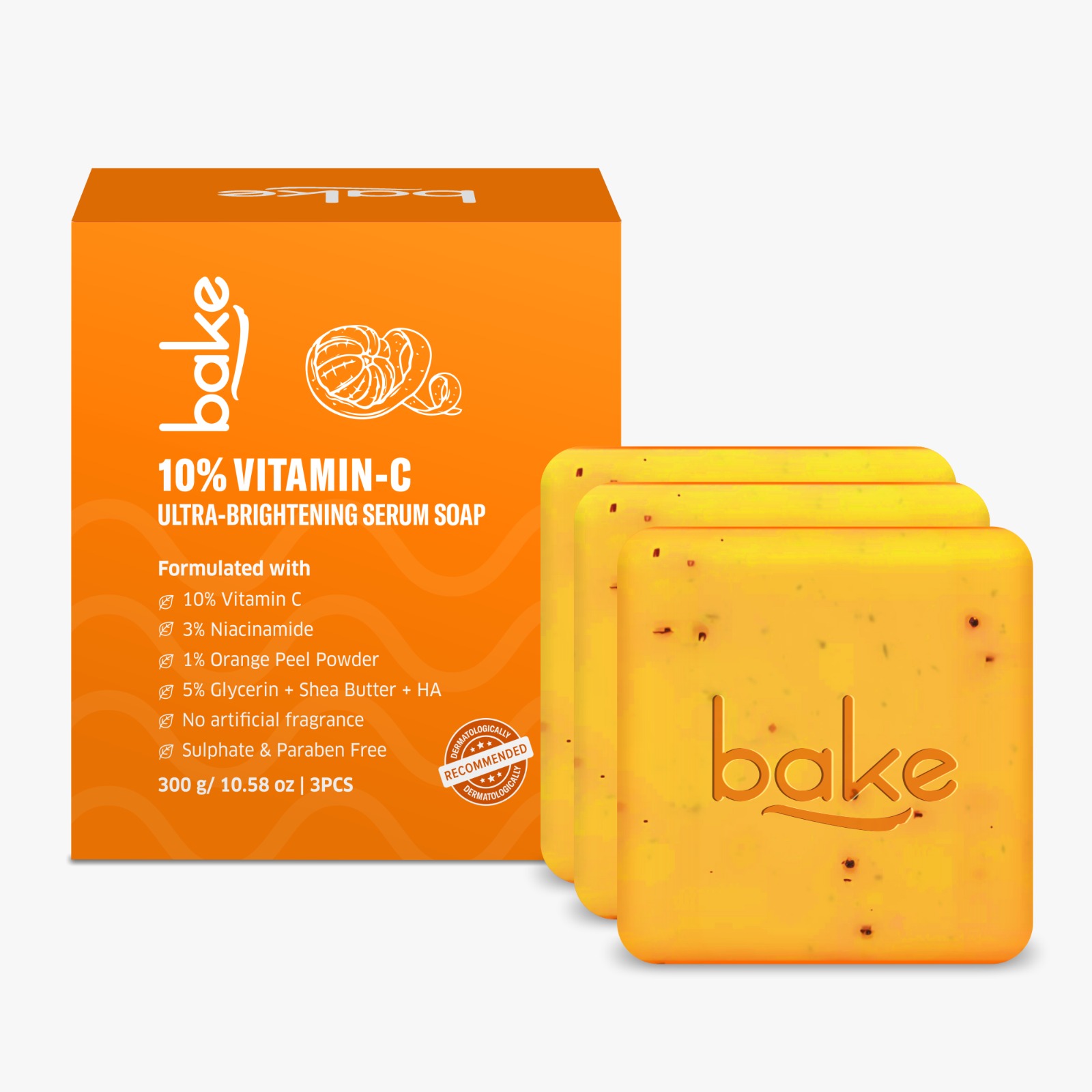 BAKE 10 Vitamin C Ultra-Brightening Serum Soap for Pigmentation, Dark Spots Tan Exfoliates Dead Skin Cells Pack of 3(100g x 3)