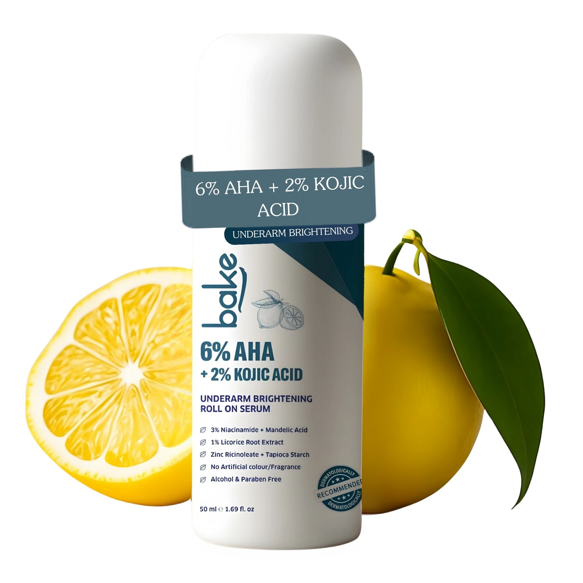 BAKE 6 AHA Underarm Brightening Roll On Serum with 2 Kojic Acid and 3 Niacinamide for Dark Underarms, Pigmentation Odour Control - 50ml