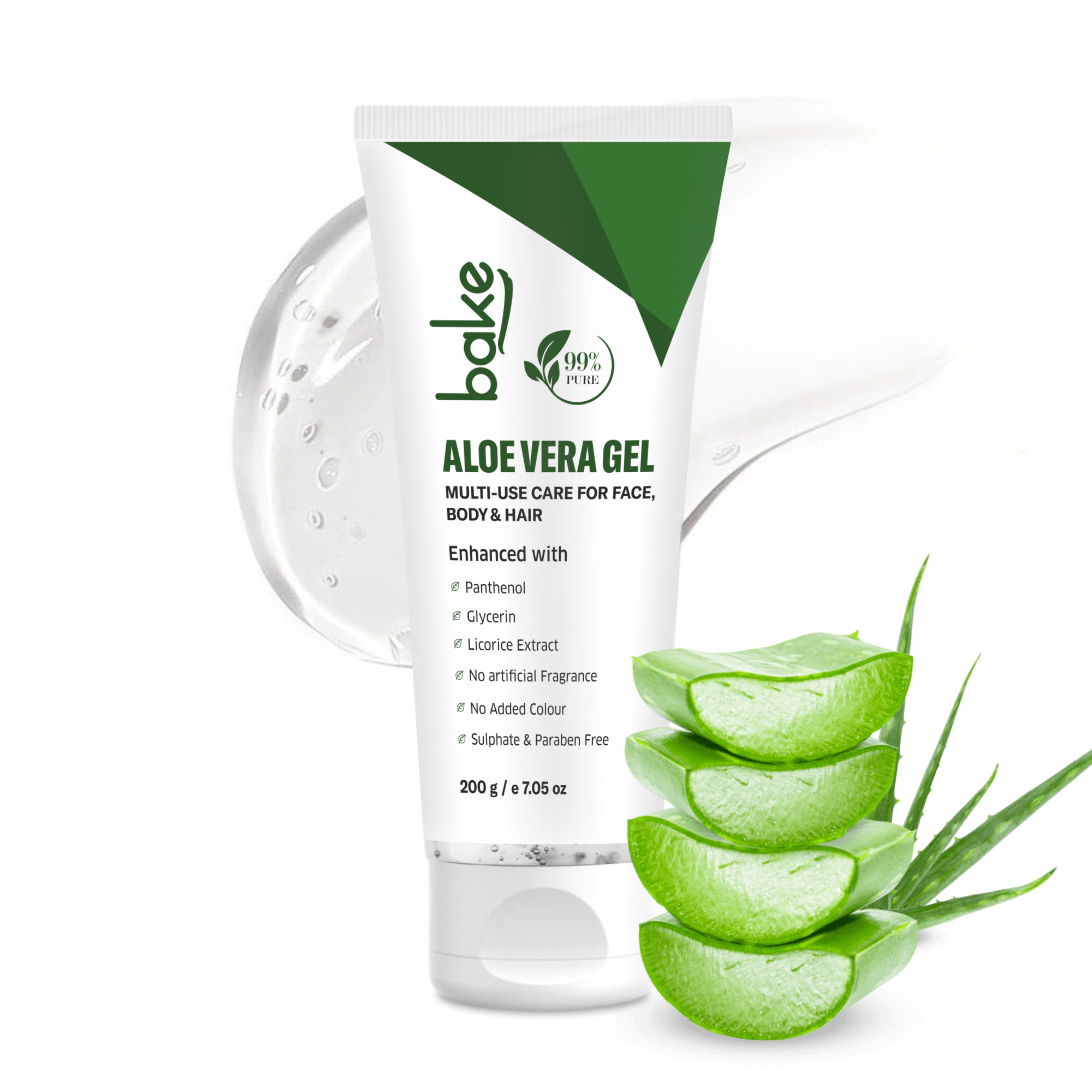 BAKE 99 Pure Multi-Use Aloe Vera Gel for Face, Body Hair, Hydrates Skin, Reduces Dryness Non-Sticky 200gm