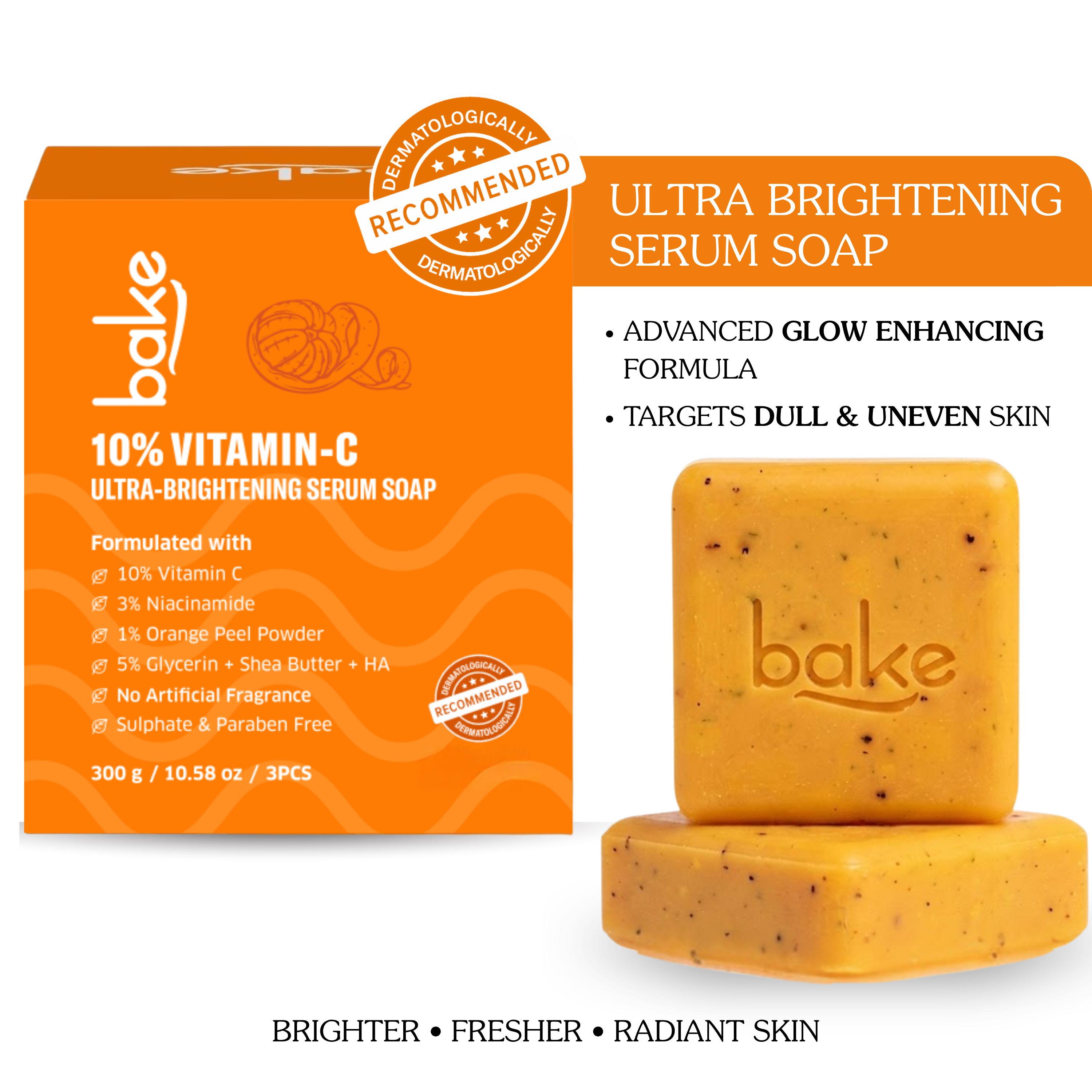 BAKE 10 Vitamin C Ultra-Brightening Serum Soap for Pigmentation, Dark Spots Tan Exfoliates Dead Skin Cells Pack of 3(100g x 3)