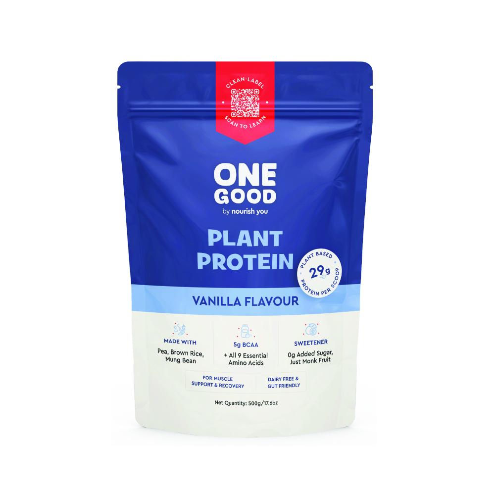 One Good by Nourish You 29g Per Serving Vanilla Plant based Protein Powder-500g | Pea, Brown Rice Mung Bean Blend | Sweetened with Monk Fruit | No Soy, No Artificial Flavours | Superior Muscle Recovery | Gut Friendly