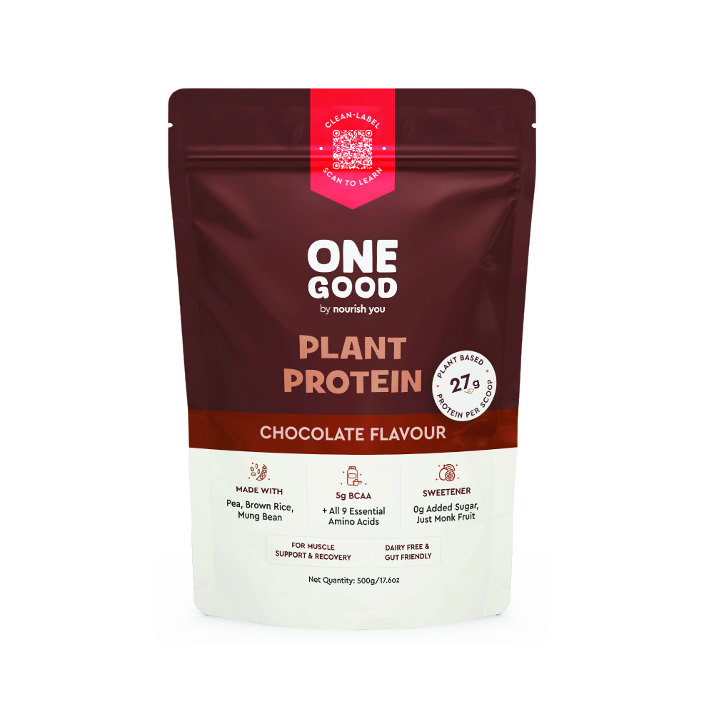 One Good By Nourish You 27g Per Serving Chocolate Plant based Protein Powder-500g | Pea, Brown Rice Mung Bean Blend | Sweetened with Monk Fruit | Rich Cocoa Flavor | No Soy, No Artificial Flavours | Supports Muscle Growth