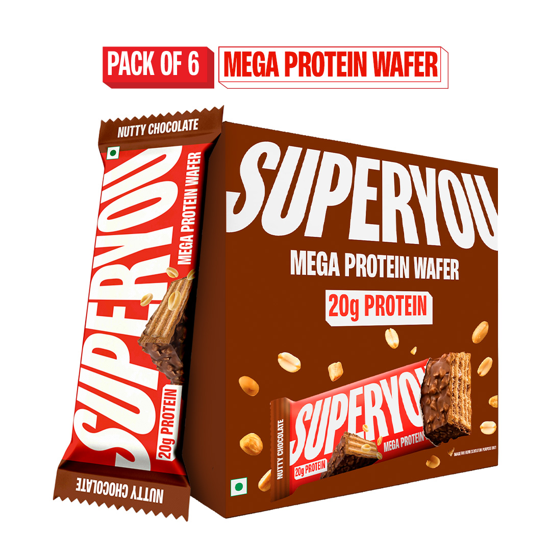 Nutty Chocolate Mega Protein Wafer Bar (Pack of 6) 20gm Protein , 4.8gm Fibre, No Added Sugar | Yeast Fermented Protein|Energy Bars|Crunchy Wafer Bar|100 Vegetarian|No Palm Oil | 360gm