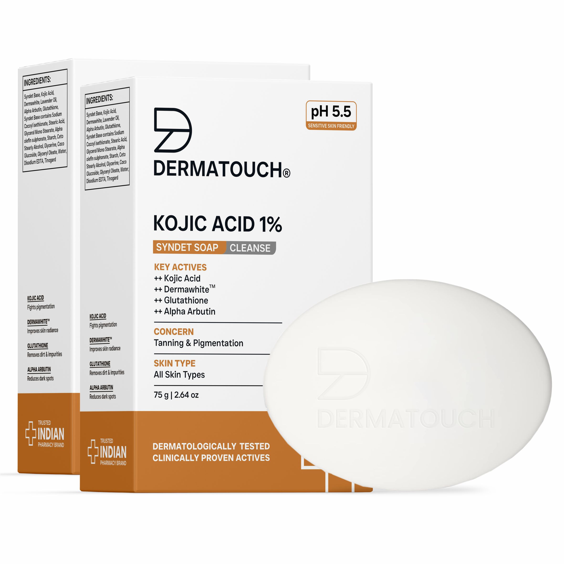 DERMATOUCH Kojic Acid 1 Soap with Glutathione | For Pigmentation Sun damage | Soap for Men Women | Suitable for All Skin Types | 75gm x 2