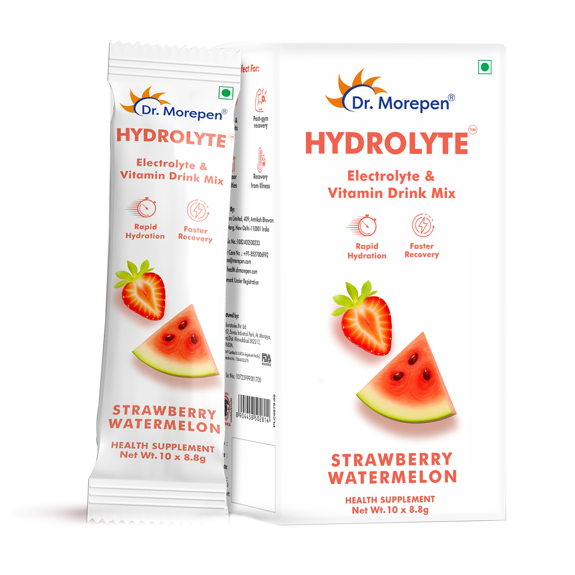 Hydrolyte Electrolyte Vitamin Drink Mix for Rapid Hydration Faster Recovery, Strawberry Watermelon Flavour 10 Sachets (8.8gm Each)