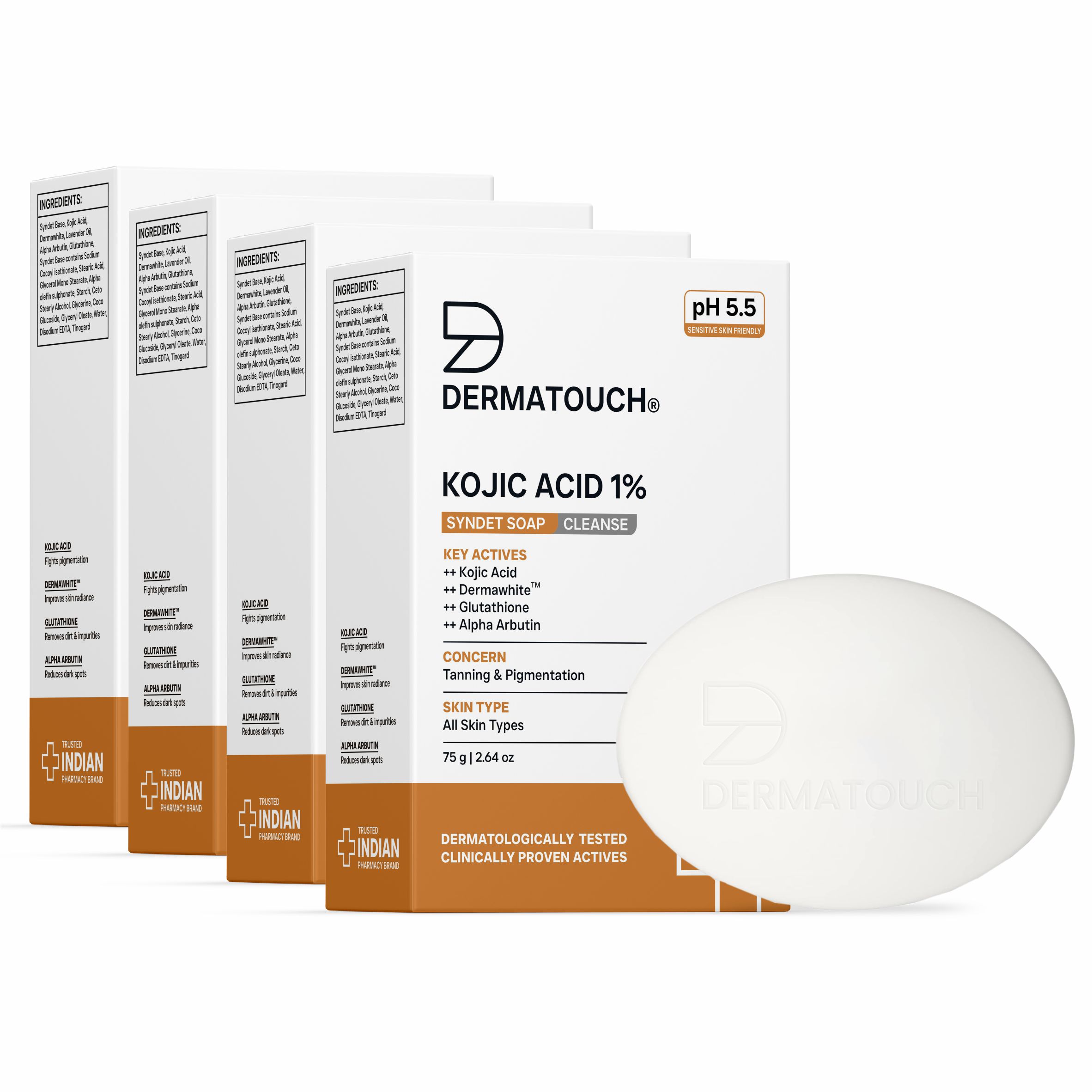 DERMATOUCH Kojic Acid 1 Soap with Glutathione | For Pigmentation Sun damage | Soap for Men Women | Suitable for All Skin Types | 75gm x 4