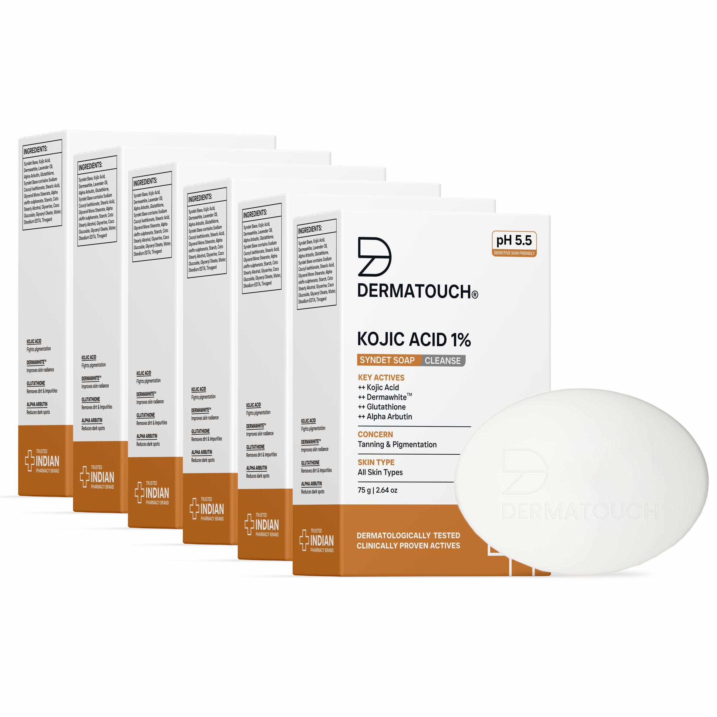 DERMATOUCH Kojic Acid 1 Soap with Glutathione | For Pigmentation Sun damage | Soap for Men Women | Suitable for All Skin Types | 75gm Pack of 6