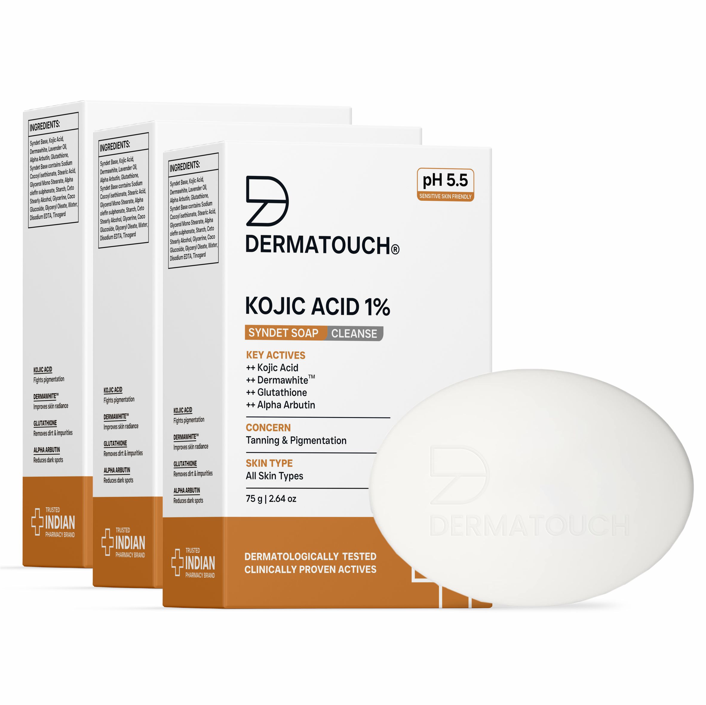 DERMATOUCH Kojic Acid 1 Soap with Glutathione | For Pigmentation Sun damage | Soap for Men Women | Suitable for All Skin Types | 75gm x 3