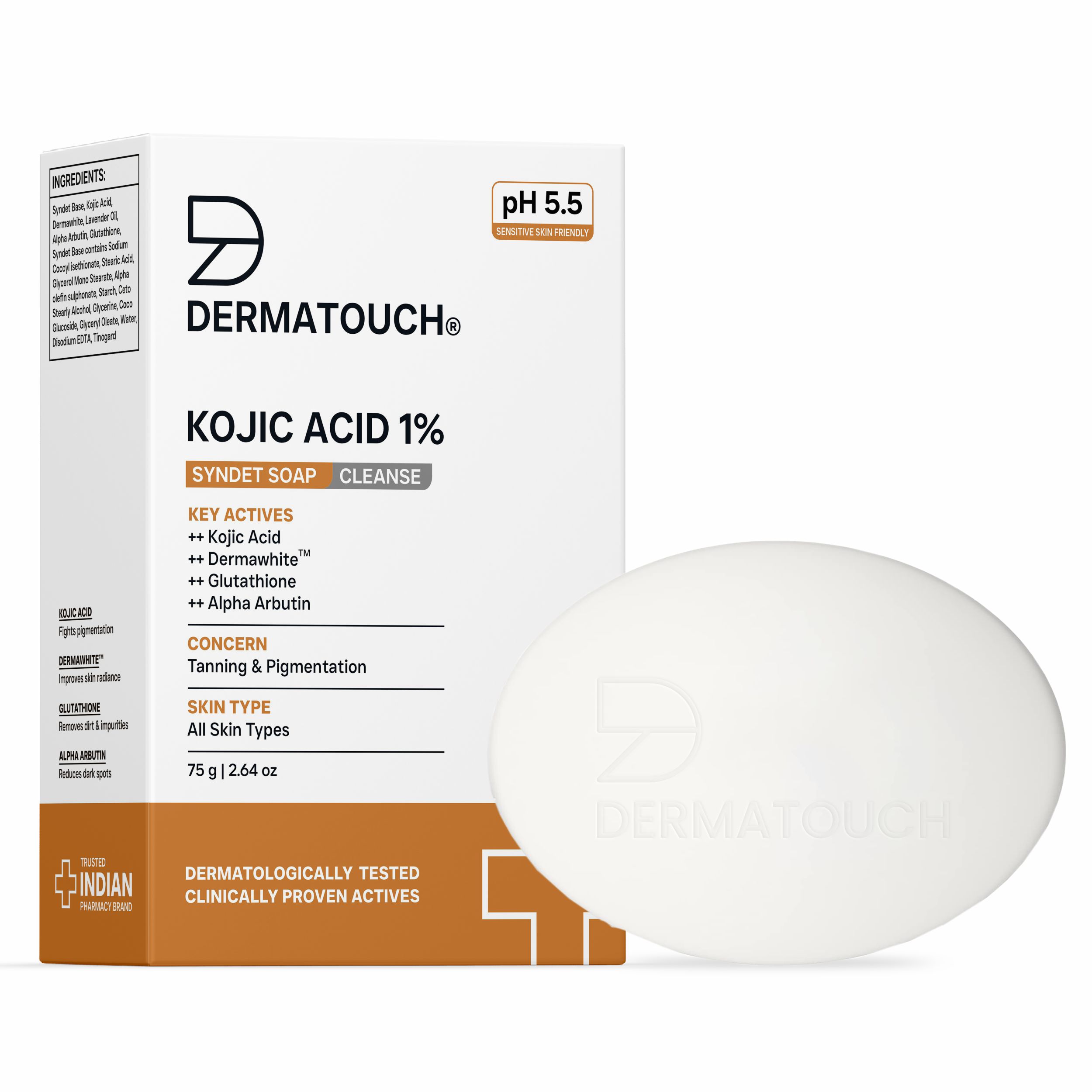 DERMATOUCH Kojic Acid 1 Soap with Glutathione | For Pigmentation Sun damage | Soap for Men Women | Suitable for All Skin Types | 75gm