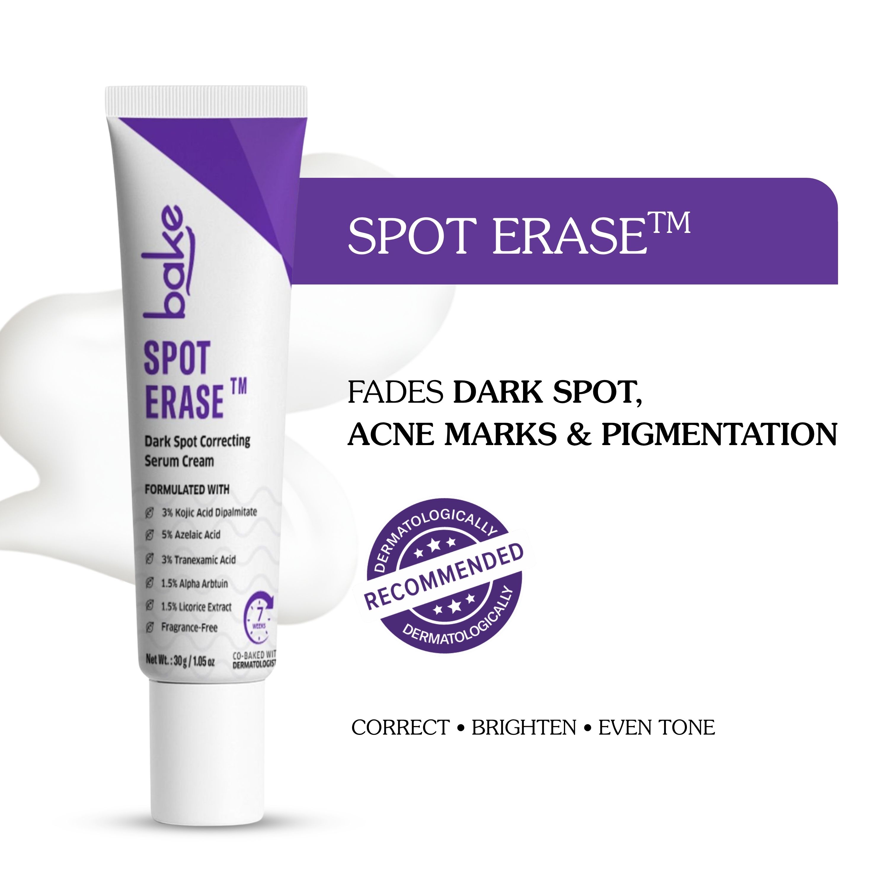 Spot Erase Dark Spot Correcting Serum Cream with 3 Kojic Acid for Post Acne Marks, Melasma Pigmentation 30gm