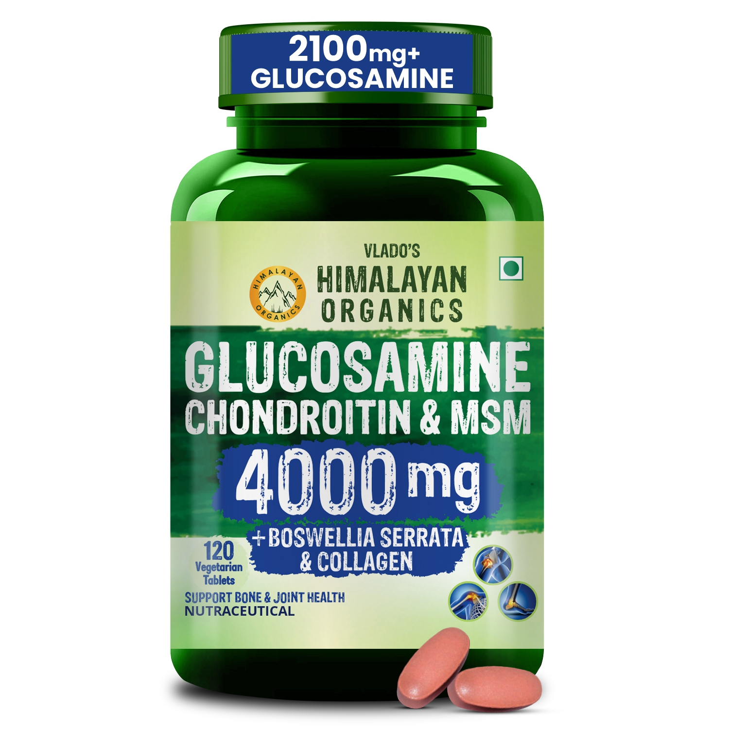 Vlados Himalayan Organics Glucosamine Chondroitin MSM Tablets | Cartilage Joint Support Supplement | Glucosamine for Joint Relieves Pain and Stiffness I Added Collagen peptides, Curcuma, Vitamin D Boswellia - Pure Veg Formula - 120 Vegetarian Tablets