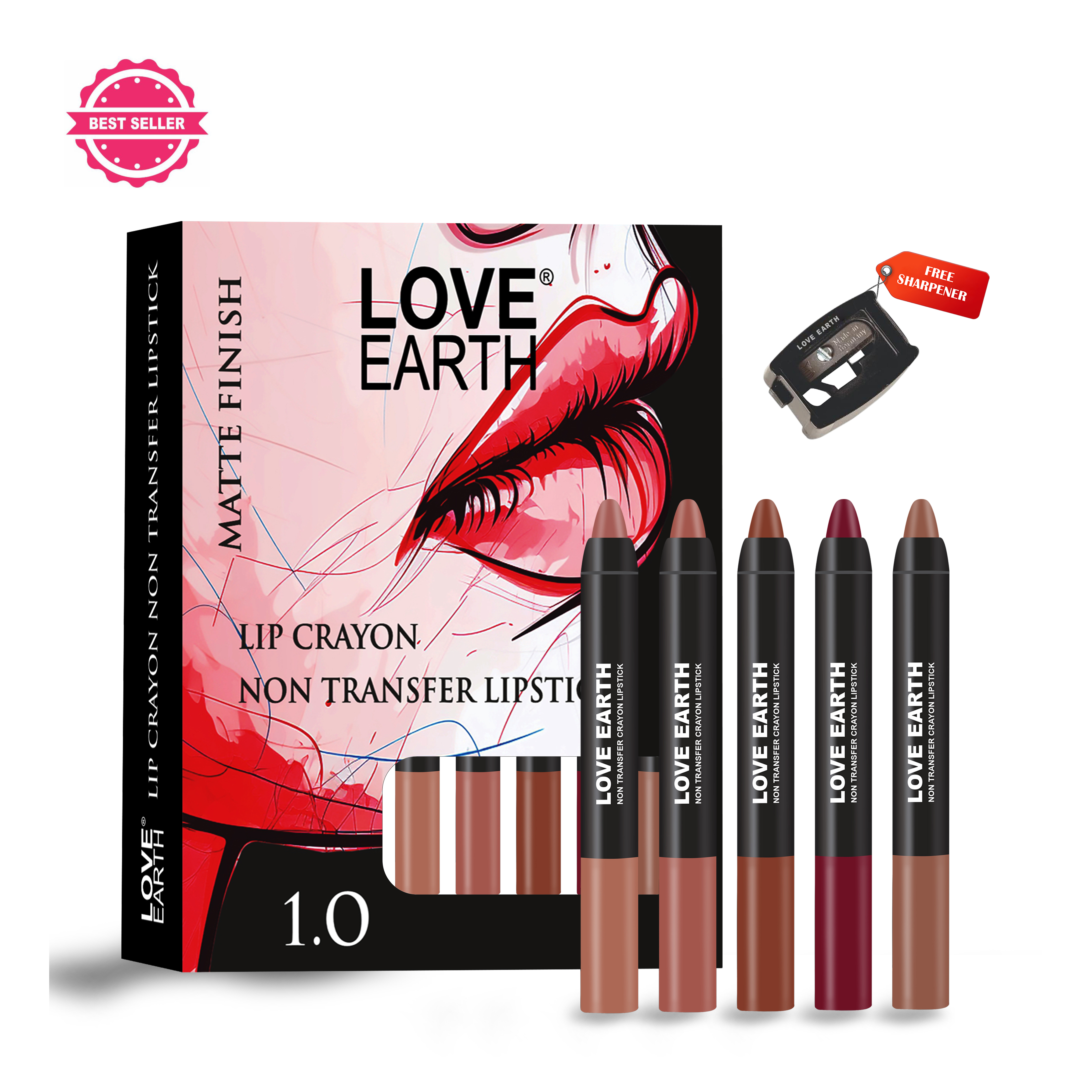 Lip Cayon Transfer Proof Lipstick 1.O and Sharpener - Pack of 5