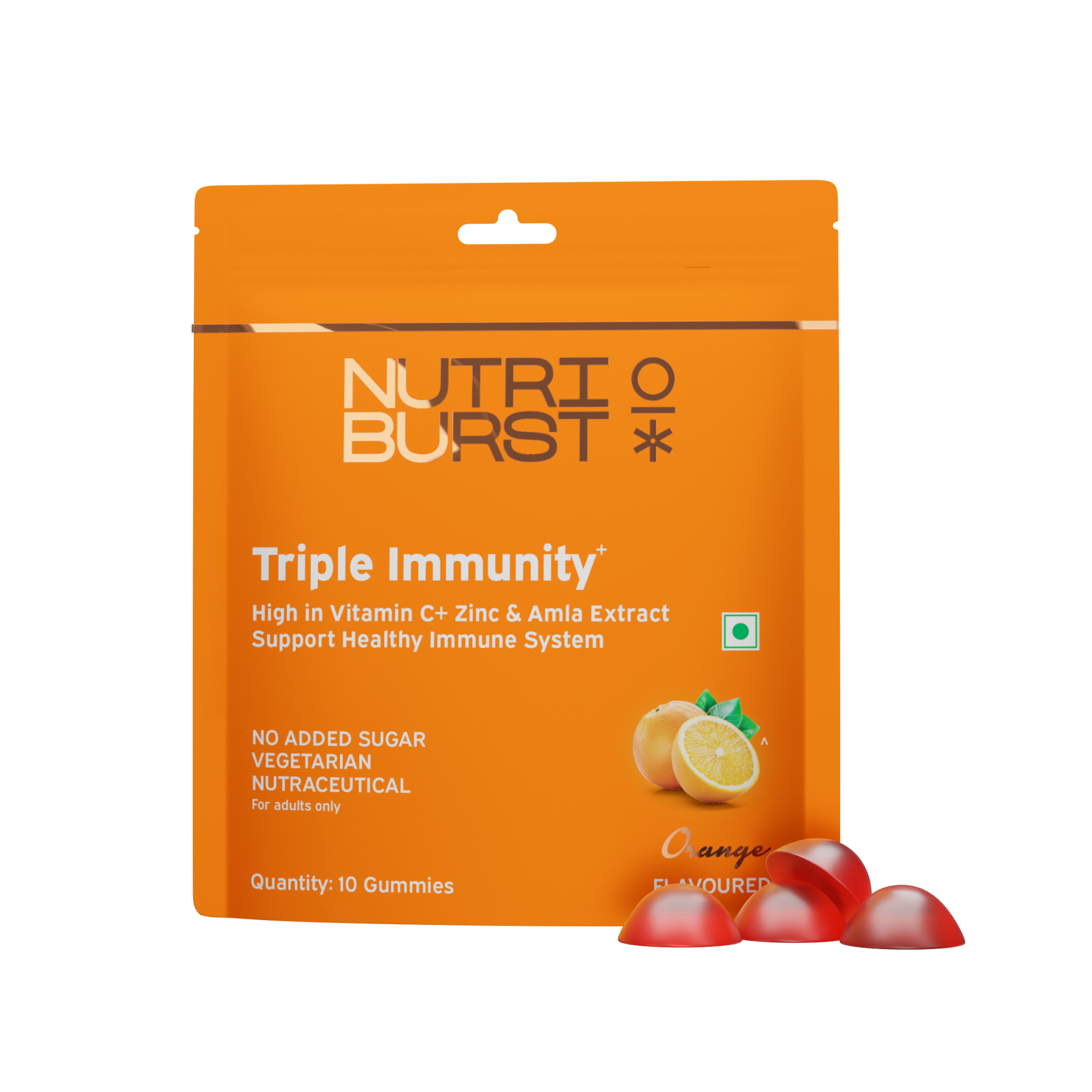Triple Immunity Gummies with Vitamin C, Zinc and Amla extract No-Added Sugar Orange Flavor 100 Vegetarian 10 Gummy
