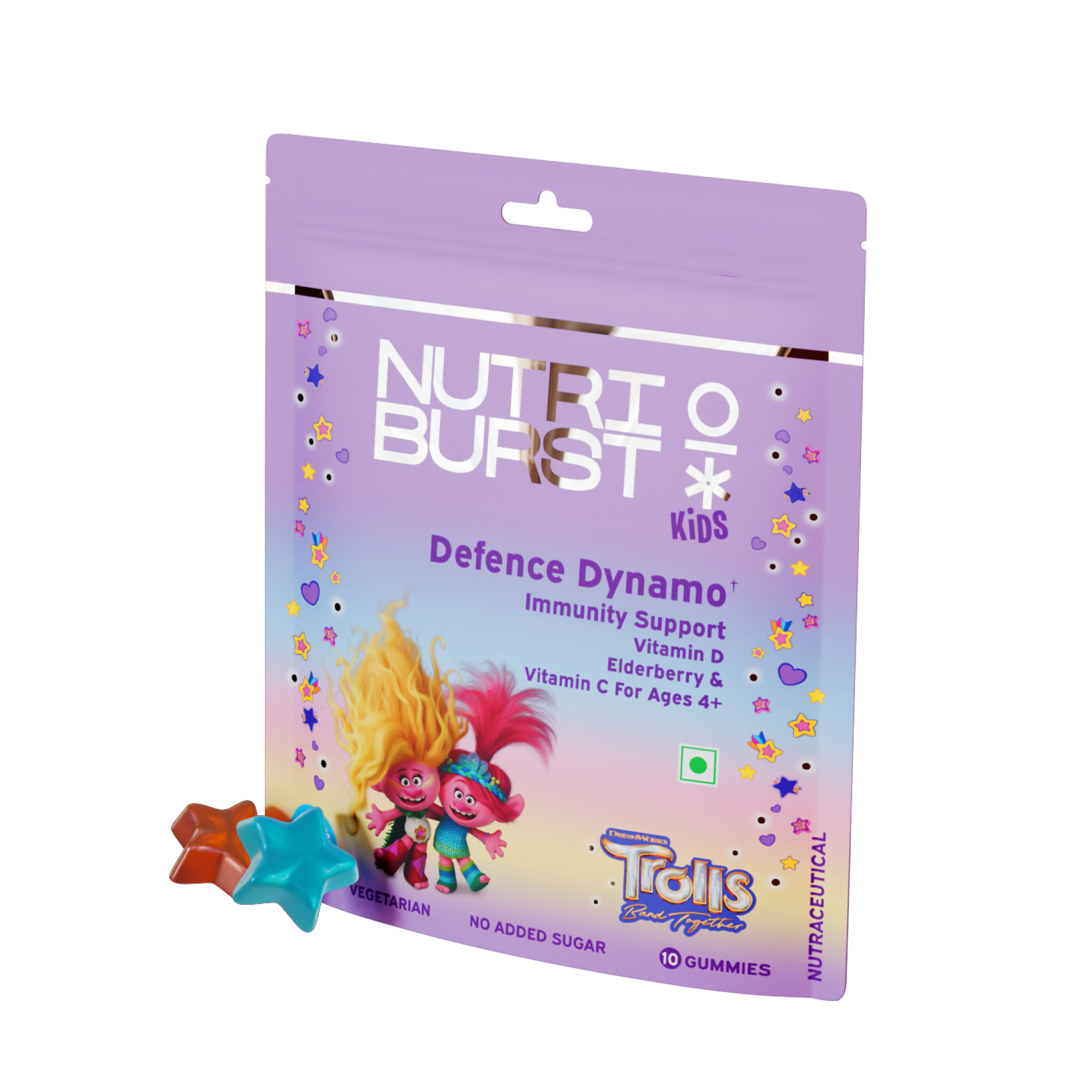 Defence Dynamo Trolls Gummies - Immune Boost with Vitamin D, Vitamin C Black Elderberry Extract - Sugar-Free, Gluten-Free, Chewable Vegan Supplement - Mixed Fruit Flavor - For Kids Aged 4+, 10 Gummies
