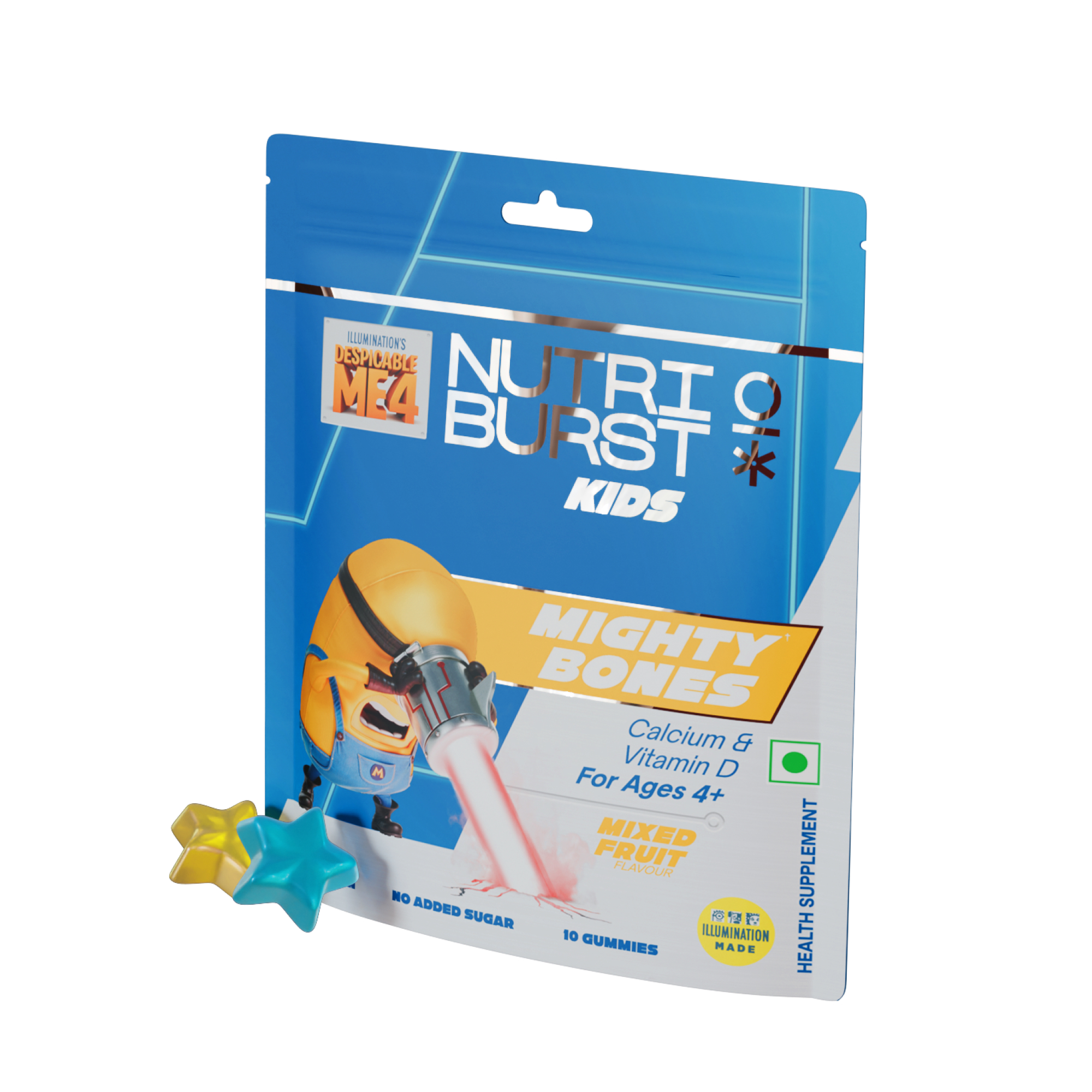 Minions Mighty Bones Kids Gummies - Calcium Vitamin D for Strong Bones, Immune Support - Sugar-Free, Gluten-Free, Mixed Fruit Flavor, Chewable, Vegan - For Kids Aged 4+, Pack of 1 (10 Gummies)