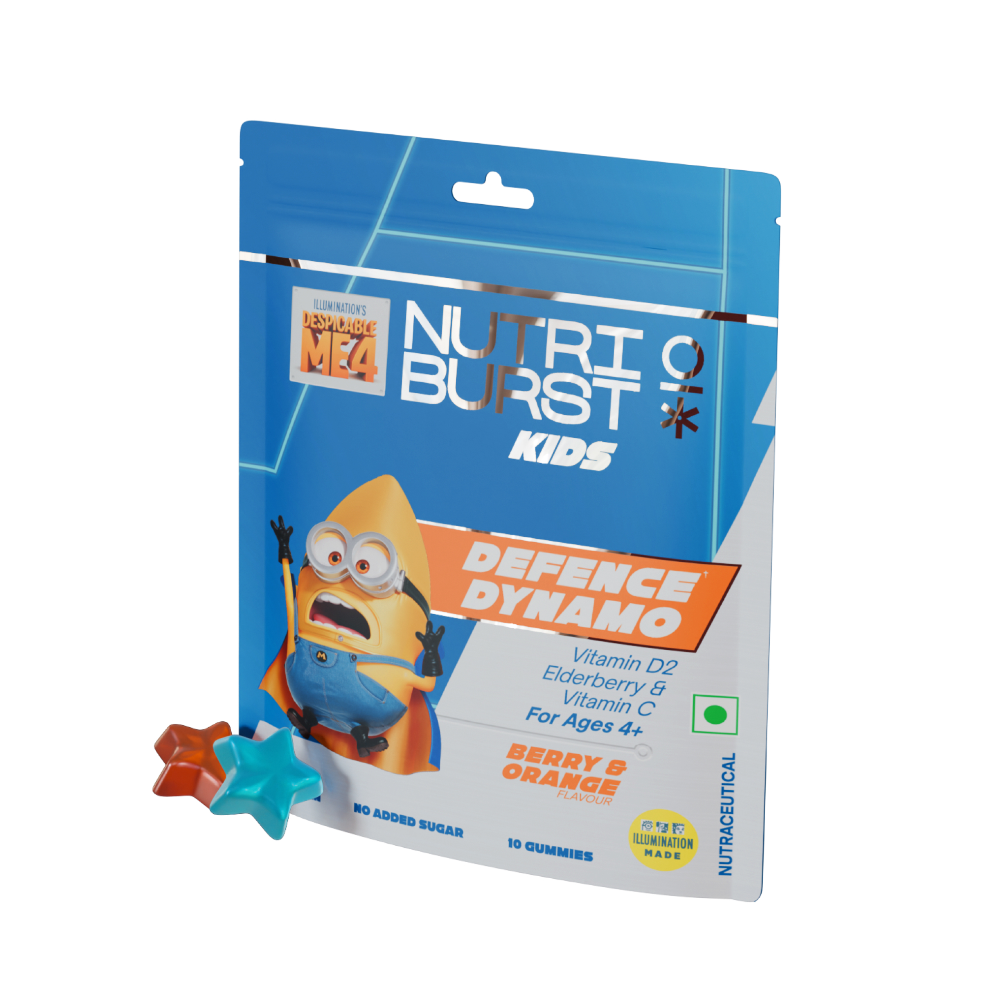 Defence Dynamo Minions Kids Gummies - Immune Boost with Vitamin D, Vitamin C, Black Elderberry Extract - Sugar-Free, Gluten-Free, Chewable Vegan Supplement For Kids Aged 4+, Pack of 1 (10 Gummies)