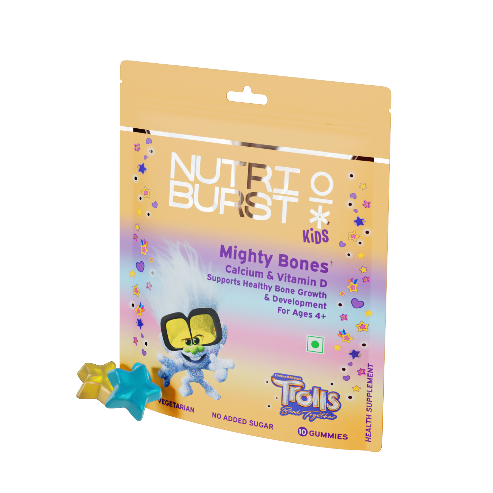 Mighty Bones Trolls Kids Gummies - Calcium Vitamin D for Strong Bones Immune Support - Sugar-Free, Gluten-Free, Mixed Fruit Flavor, Chewable, Vegan - For Kids Aged 4+, 10 Gummies