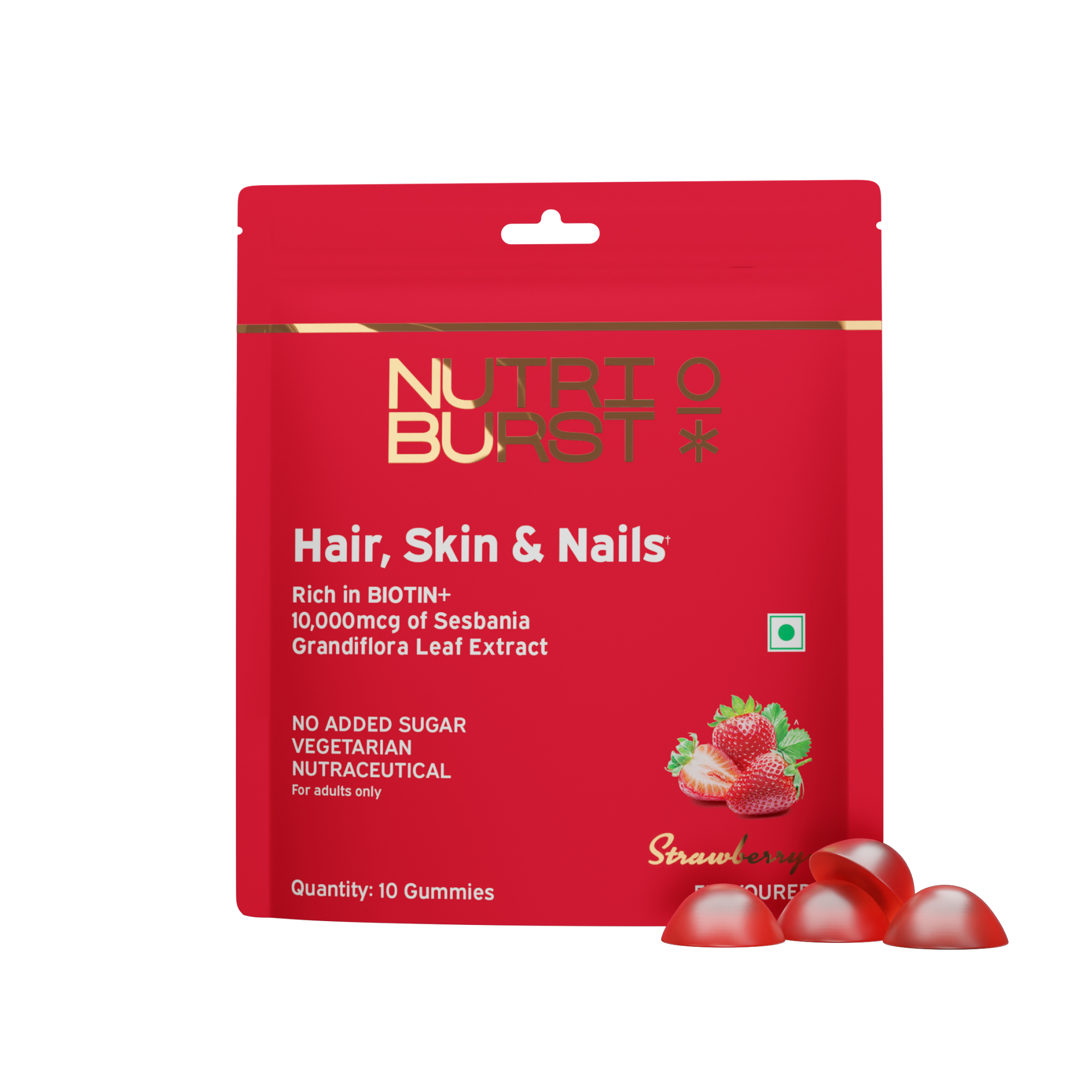 Biotin Gummies for Healthy Hair, Skin Nails Growth With High Potency 10000 mcg of Sesbania Extract Natural Biotin, Zinc, Folic Acid, No-Added Sugar, Strawberry Flavor 10 Gummy 50gm