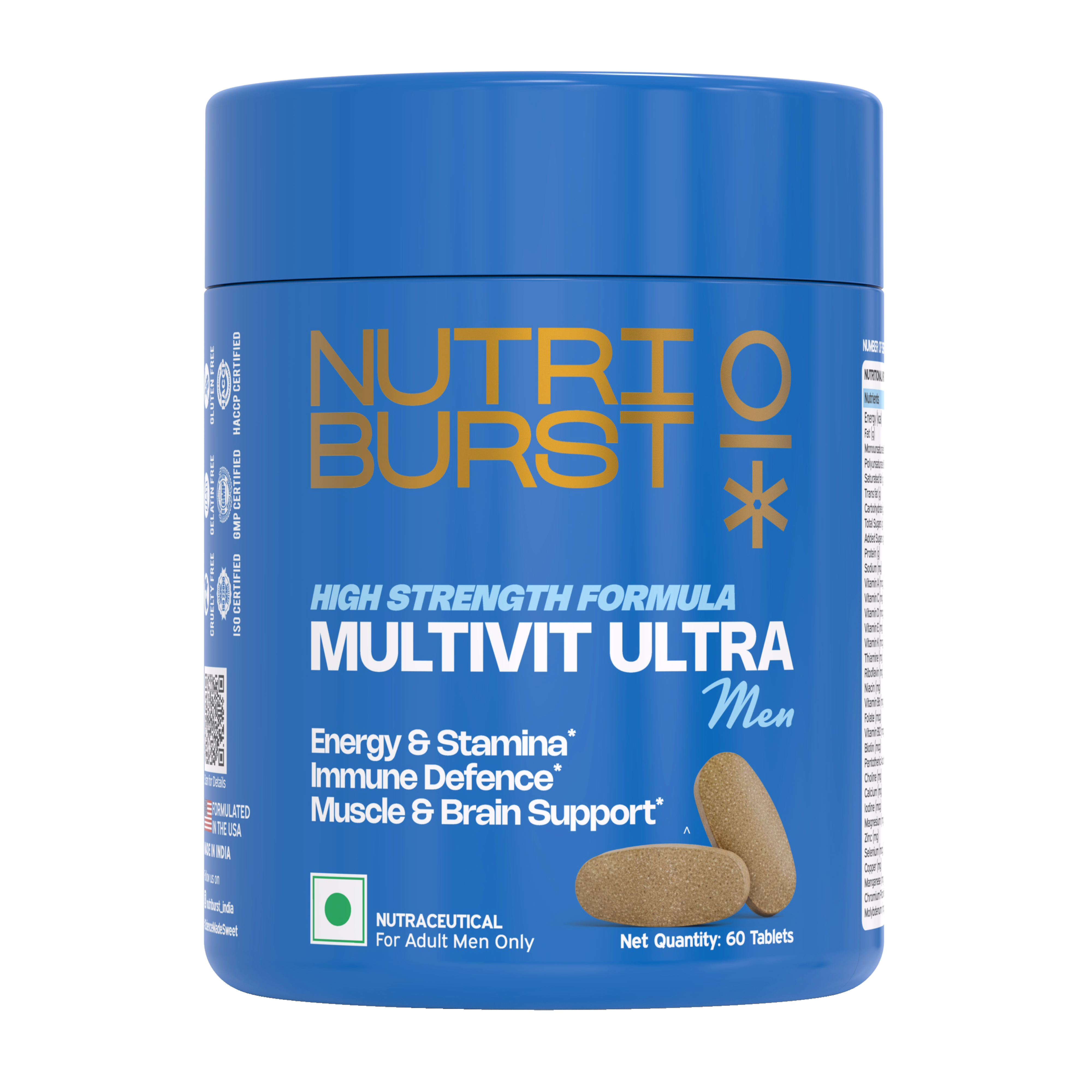 Multivitamin Ultra Tablets for Men | High Strength US Formula | Immunity, Muscle Brain Support | 60+ Premium Nutrients | Veg Supplement | 60 Tablets | 160gm